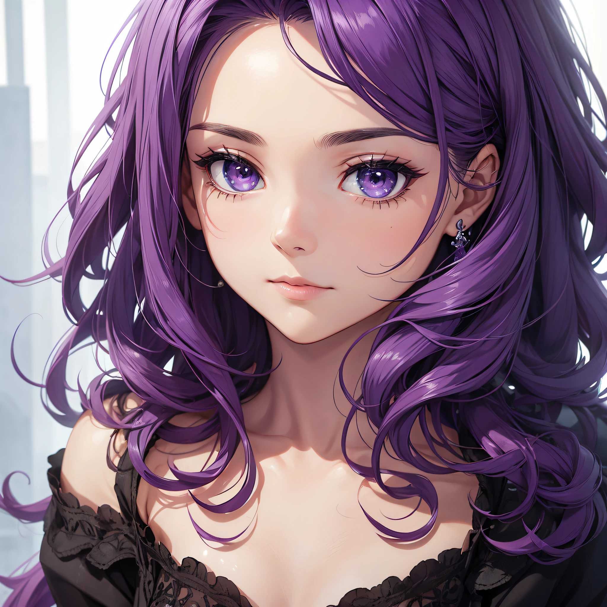 a girl , dark purple hair, purples eyes, and a fallen sweater