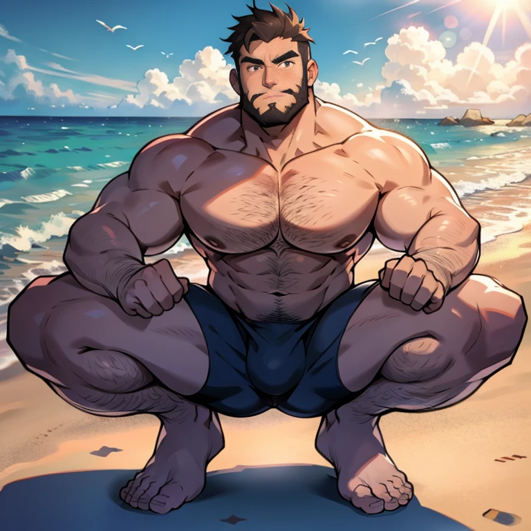 Bearded man in swimwear crouching on a beach with large bulge exposed.