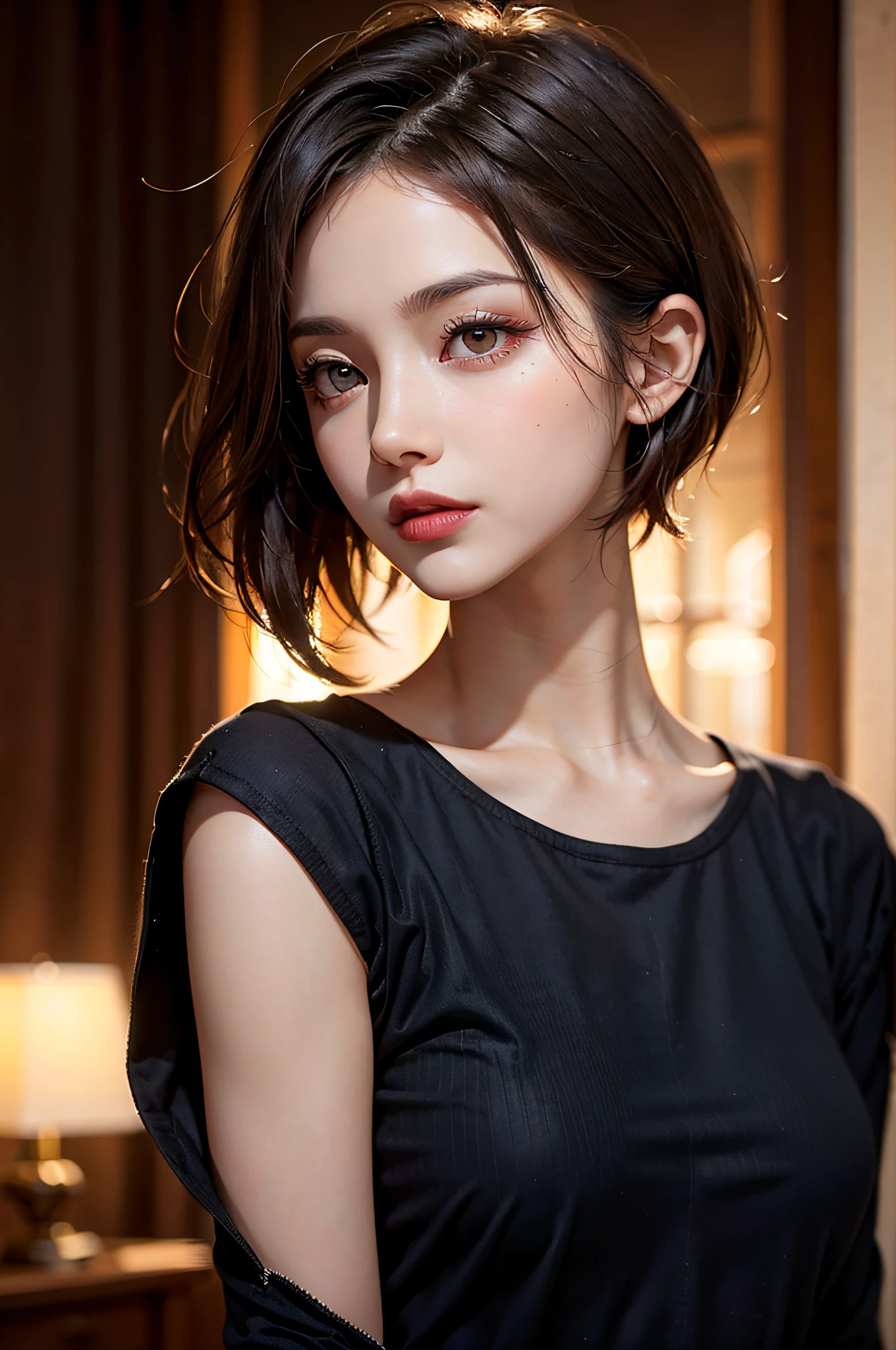 Short hair, Skin Tight Black Top:1.2, Looking at Viewer, Cinematic lighting, Perfect, softlight, High resolution skin:1.2, Realistic skin texture, Realistic face, off shoulders, Red Eyes, Shortcut Hair、dark brown  hair、a small face、Bust B Cup、natural make up、30 years old mature woman、