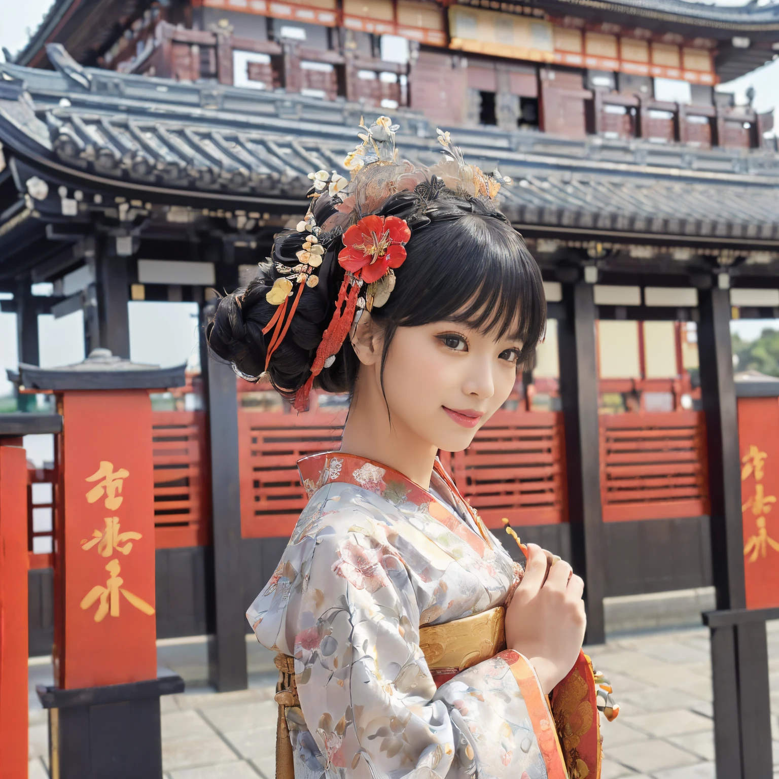 ((top-quality、masutepiece、8K、Top image quality、Very complex and detailed details、Shooting centered on one woman 、a person々a photo of a、very bright and vivid))、((Beauty 1 person、Take photos from up close to her、Close-up shots of mainly women、Detailed her face、Photographing a single woman、stand in the capital、Take a photo of her from the knees up、gorgeous costumes、花魁、Flower Kui Kimono、gorgeous flower costume))、(((Atmosphere of the Heian period、Beautiful Niwa-lacquered pillars、Huge and majestic Niwa-lacquered gate、Beautiful and perfect Heiankyo、beautiful and luxurious tiled roof、many luxurious buildings、Lots of buildings、luxury capital、Gorgeous city buildings、A complete reproduction of the Heian period capital、The perfect capital of Heiankyo、The precincts of Heiankyo、luxury city、Japan in the 800s、Heian period、Perfect reproduction of Japan、Heian period)))、(Perfect gas chamber、A smile)