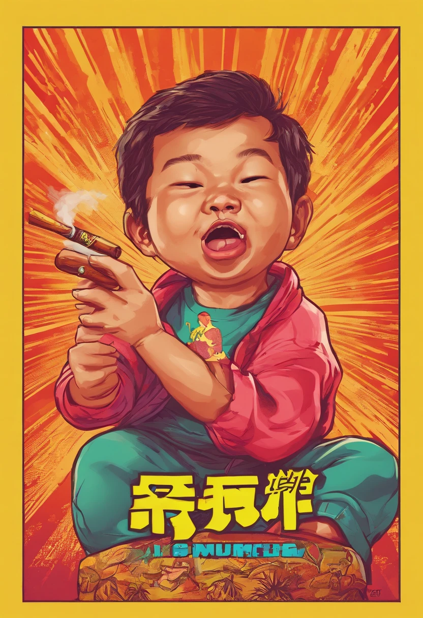 create a comedic and funny picture of a boy toddler, mixed Chinese and Caucasian, smoking a cigar