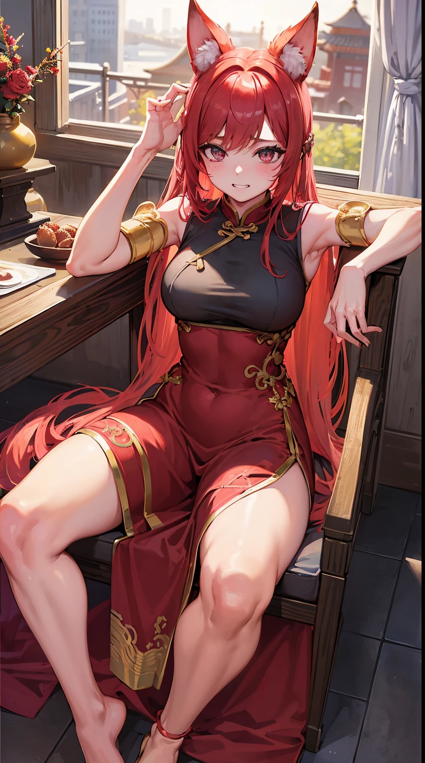 (top-quality、hight resolution、8k、masterpiece:1.2)。Ultra detailed eyes、sparkle in eyes、Shining stars々eyes like、Curvaceous but slender、Muchimuchi Body、Red cheongsam with intricate gold and black embellishments、The background is a Chinese restaurant with red pillars and lightning patterns.、Sit on an antique chair、((sit firmly in a chair))、double tooth、canine teeth、chinese bun hair、Muscular nose、Fleshy lips、Physical beauty、fleshy thighs、well-muscled、Anime style、animesque、well-muscled、light reflections、shinny skin、luslous skin、Depth blurred background、The best lighting、Line art thicker、confident facial expression、qipao dress、Odango Hair 、shot from top、Face Up、Bites into the skin、Bright light shines through the window、smile shyly at the camera、hairaccessories、Red pillar、Anime Characters、Original Character、Strong lighting from the front、red blush、Anime-style drawing、Write、String bread、tights、Shiny and intricate cheongsam、Realistic、Realistic shadows and lights、exquisite sense of perspective、arms are armrests、Raibun、