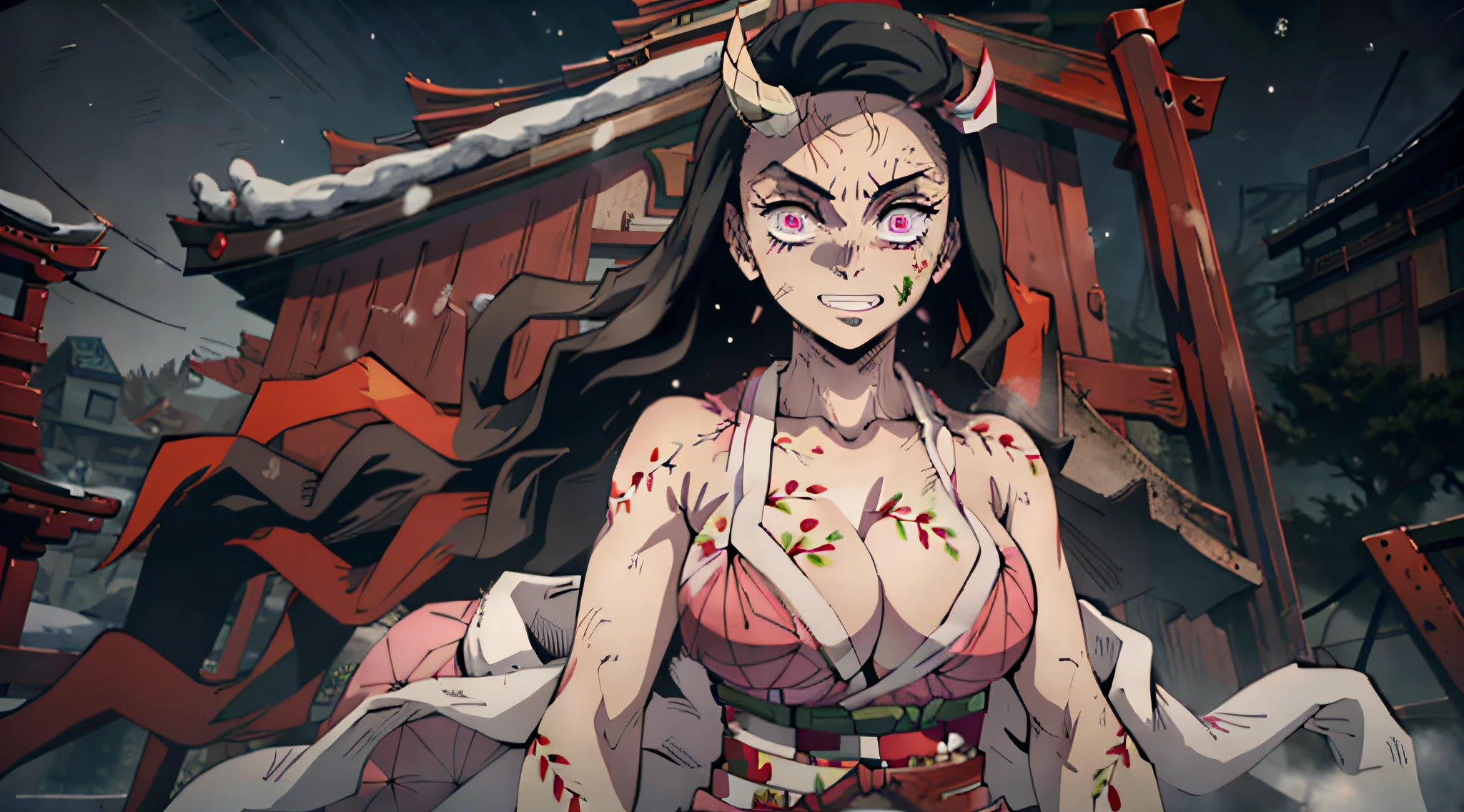 masterpiece, best quality, 1girl, enragednezuko, single horn, veins, pink kimono, cracked skin, large breasts, cleavage, multicolored hair, evil grin, fingernails, looking at viewer, walking, in the snow, japanese temple, night, moon, upper body,