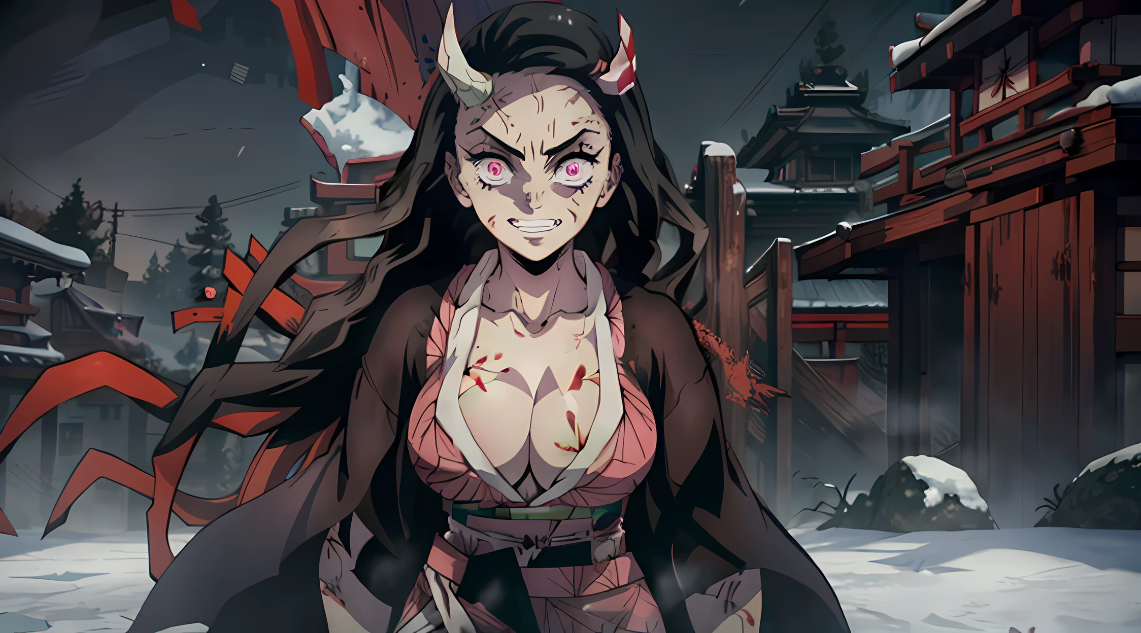 masterpiece, best quality, 1girl, enragednezuko, single horn, veins, pink kimono, cracked skin, large breasts, cleavage, multicolored hair, evil grin, fingernails, looking at viewer, walking, in the snow, japanese temple, night, moon, upper body,