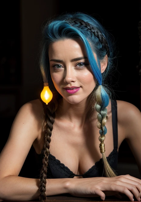 Mujer de cuerpo completo, Amber Heard long neon blue hair in braids, Pechos grandes perfectos, poca ropa, ropa interior, Sexo Mujer, Manos perfectas, Trenzas de pelo doble, Cabello trenzado, enorme escote, intimate wear. coqueta, intenso, sensual, cinematic lighting, Luz de rastrillo, Sombras luminosas largas, Alta calidad, smiling, cuerpo perfecto, Steampunk clockpunk --ar 6:9 --s 1000 --c 12 --q 2 --v 5.2