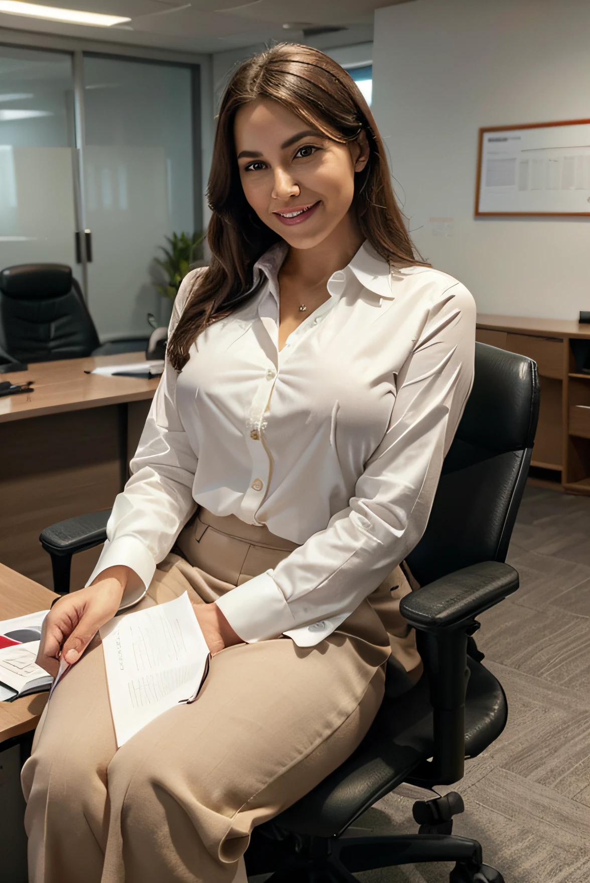 In a high-profile office, a hyper-realistic woman with an imposing executive presence stands out from the crowd. Seated at her desk, her white blouse accentuates her professionalism while showcasing the strength of her decisions. Take a close look as, with a smile, she directs a marketing strategy, with her medium-sized chest reflecting the determination that propels her towards success. Describe the scene in detail, capturing the essence of her smile, powerful presence, and dedication to the world of marketing.