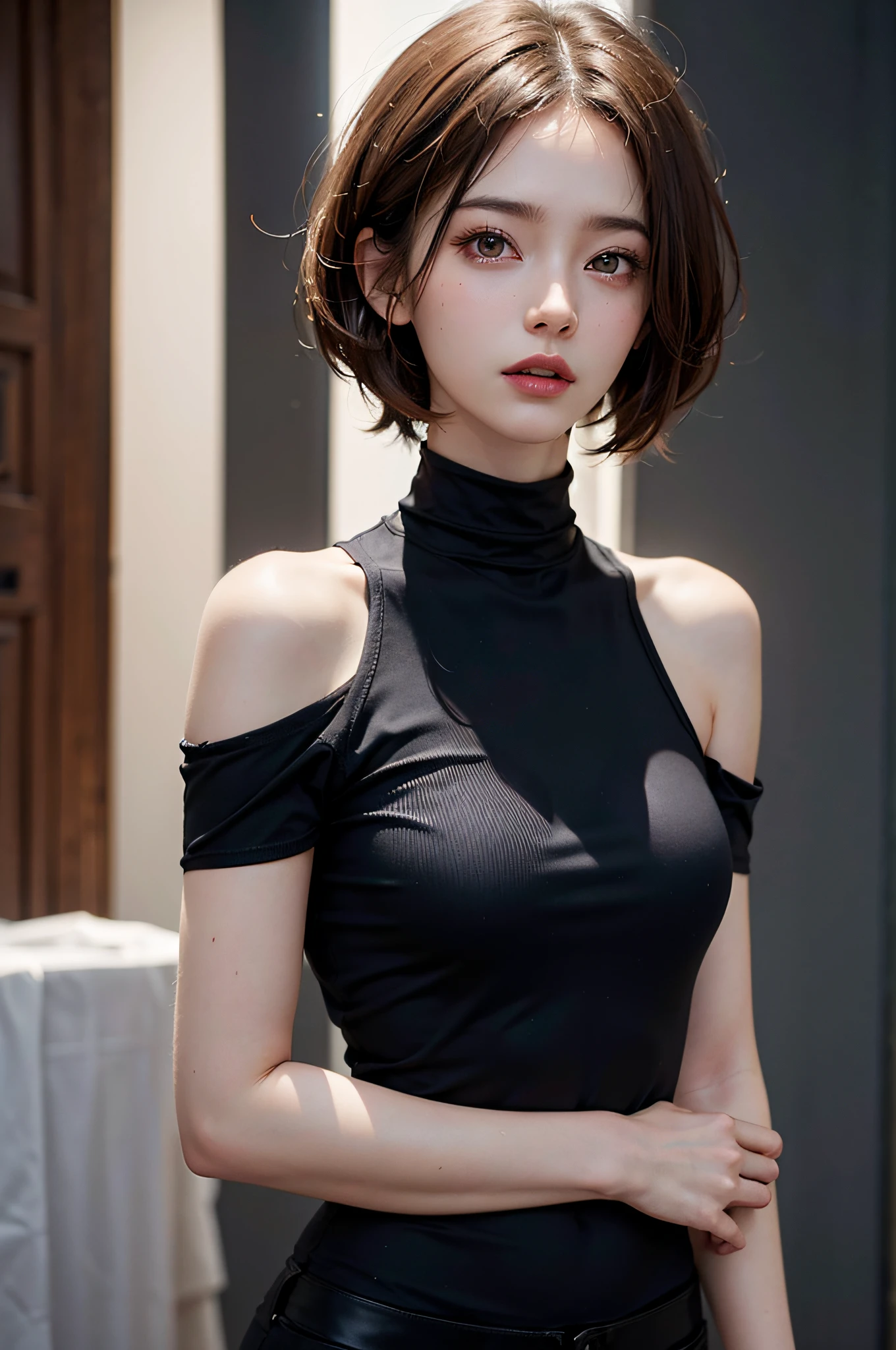 Short hair, Skin Tight Black Top:1.2, Looking at Viewer, Cinematic lighting, Perfect, softlight, High resolution skin:1.2, Realistic skin texture, Realistic face, off shoulders, Red Eyes, Shortcut Hair、dark brown hair、a small face、Bust B Cup、30 years old mature woman