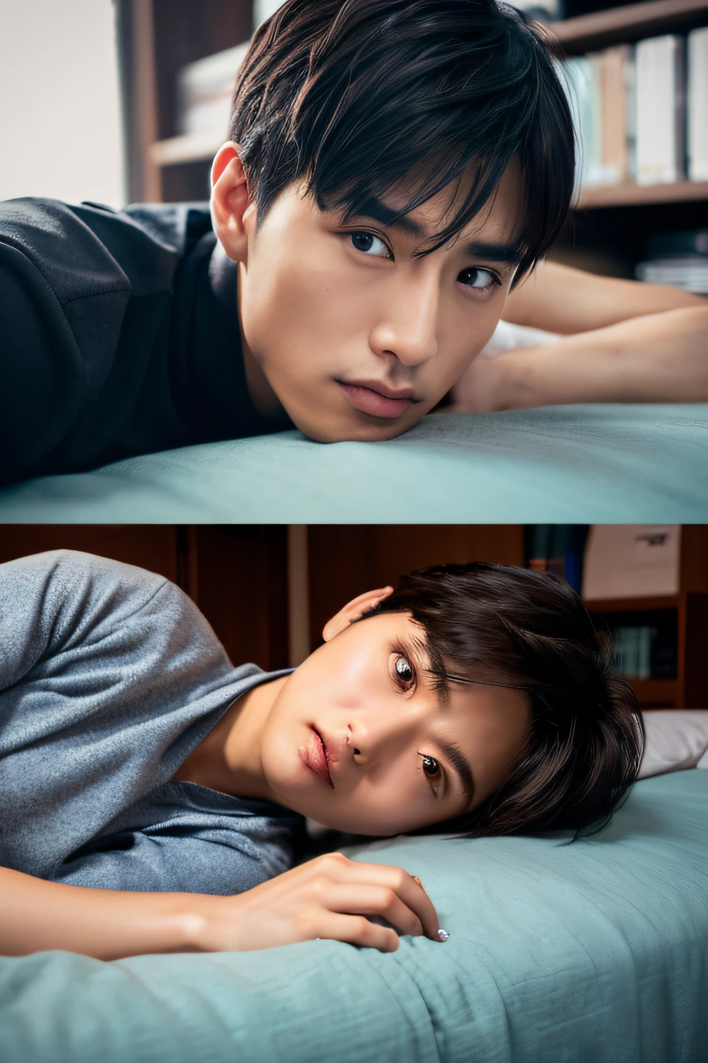 top-quality、masterpiece、high resolution、(realisitic:1.4)、详细的脸、独奏、1human male、The upper part of the body、Dark hair、glistning skin、dense skin、(asian human)、architectural、(absurderes、hight resolution、ultra-detailliert)、、1 male、Adults、(20-year-old man)、a handsome、tall muscular man、broad shoulder、extra very short hair、angular jaws、thick neck、thick eyebrow、extra very short hair、A dark-haired、fine eyes and detailed face、 Highly detailed CG Unity 8K wallpapers、intricate-detail、(Style Swirl Magic:0.7)、looking at the spectator、独奏、(full body Esbian:0.6)、细致背景、A detailed face、dynamicposes、、Urban background、dynamic compositions、 big muscle、、((Crotch bulge))、a handsome、 ((masutepiece:1.4, Best Quality)), ((masutepiece, Best Quality)), (photographrealistic:1.4)、sprawl、From above、irate、a bed、Rough breath、Sexual facial expressions、Lying down、male people、japanese male、On the screen of the smartphone camera app frame、((((Asian Men))))