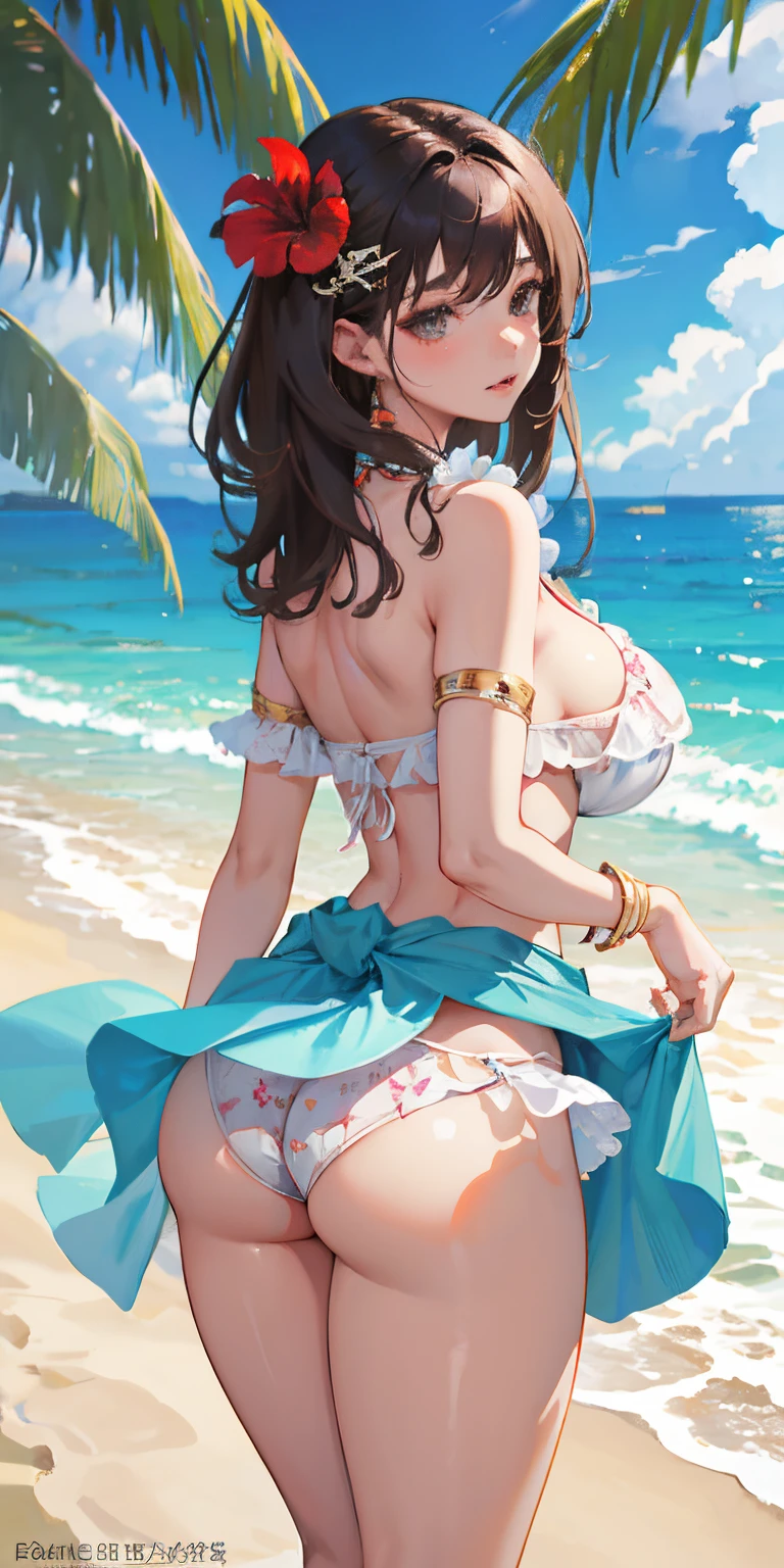 realisticlying、big butt bikini wear、16 year old girl with big butt and emphasized breasts、Super close-up shot looking back from underground、Slightly thicker emphasis on the thighs、She is wearing a micro bikini with a floral pattern on her chest.........、Emphasis on big breasts and cleavage、sexy brown skin tone、Tahitian dancer、dance tahitian dance、pareo(wear a skirt around the waist)、seashell necklace around neck、hibiscus ornament in hair、Sexy Posing、Tropical Beach