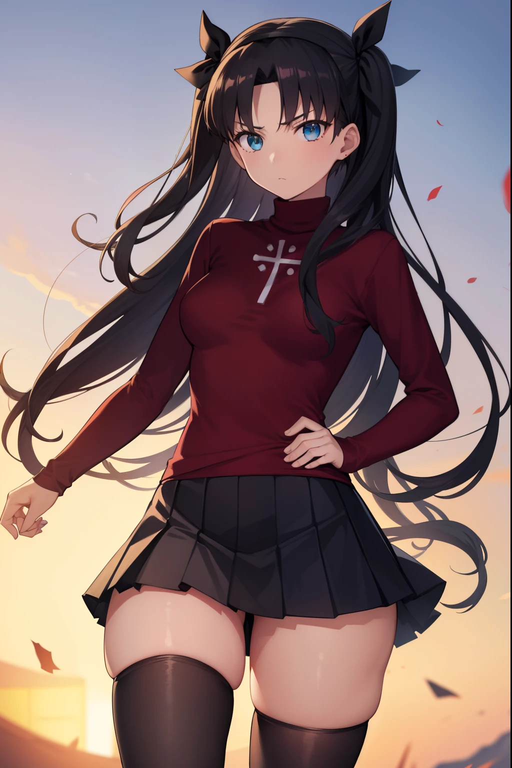 1 girl, alone, Rin tohsaka, aqua eyes, black hair, headband, long hair, ribbon, side locks, two sides up, black skirt, black thighs, long sleeves, miniskirt, pleated skirt, ((red sweater)) , skirt, sweater, thigh highs, neck, looking at viewer, medium breasts, thick thighs, wide hips