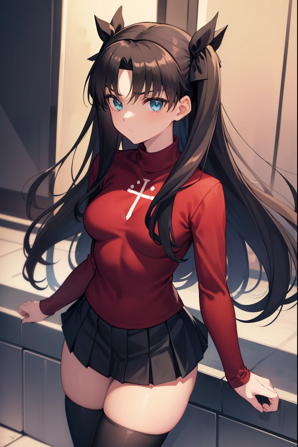 1 girl, alone, Rin tohsaka, aqua eyes, black hair, headband, long hair, ribbon, side locks, two sides up, black skirt, black thighs, long sleeves, miniskirt, pleated skirt, ((red sweater)) , skirt, sweater, thigh highs, neck, looking at viewer, medium breasts, thick thighs, wide hips