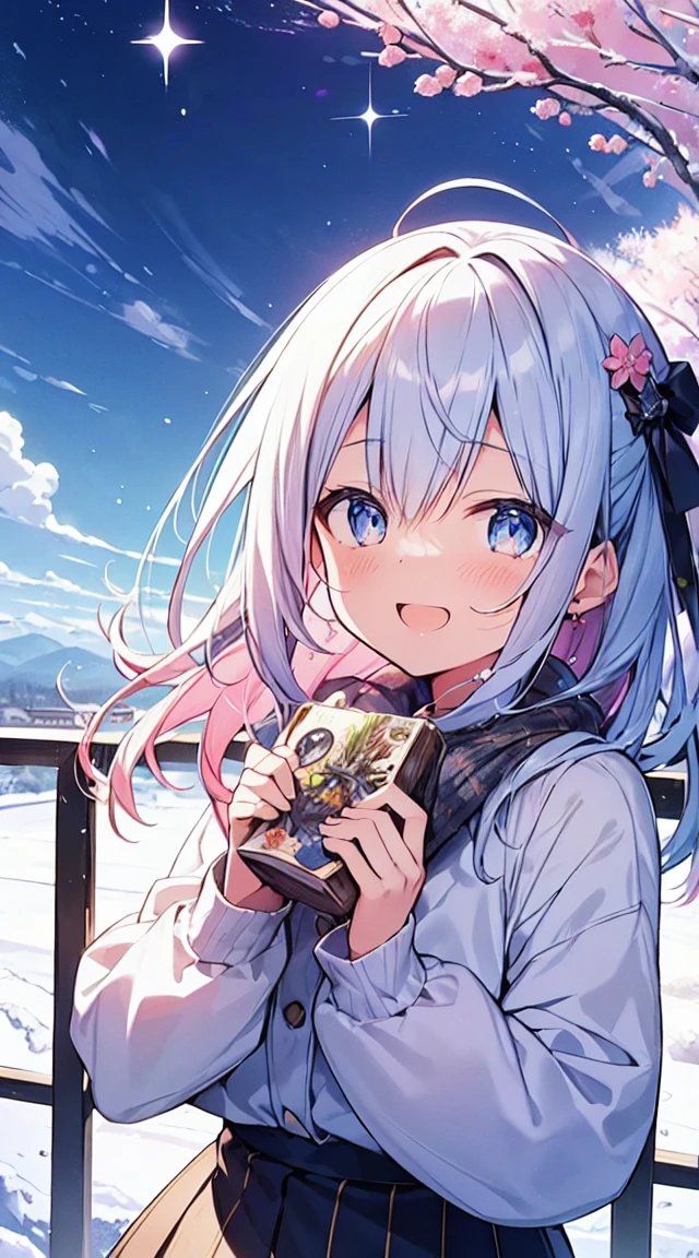 masutepiece, Best Quality,Illustration, Wallpaper, ultra -detail, Absurd beauty, 1beautiful girl、Bright hair color、Glitter and big eyes、Hair fluttering in the wind、♡、Landscape from winter to spring、great laughter、skirt by the、Futomo