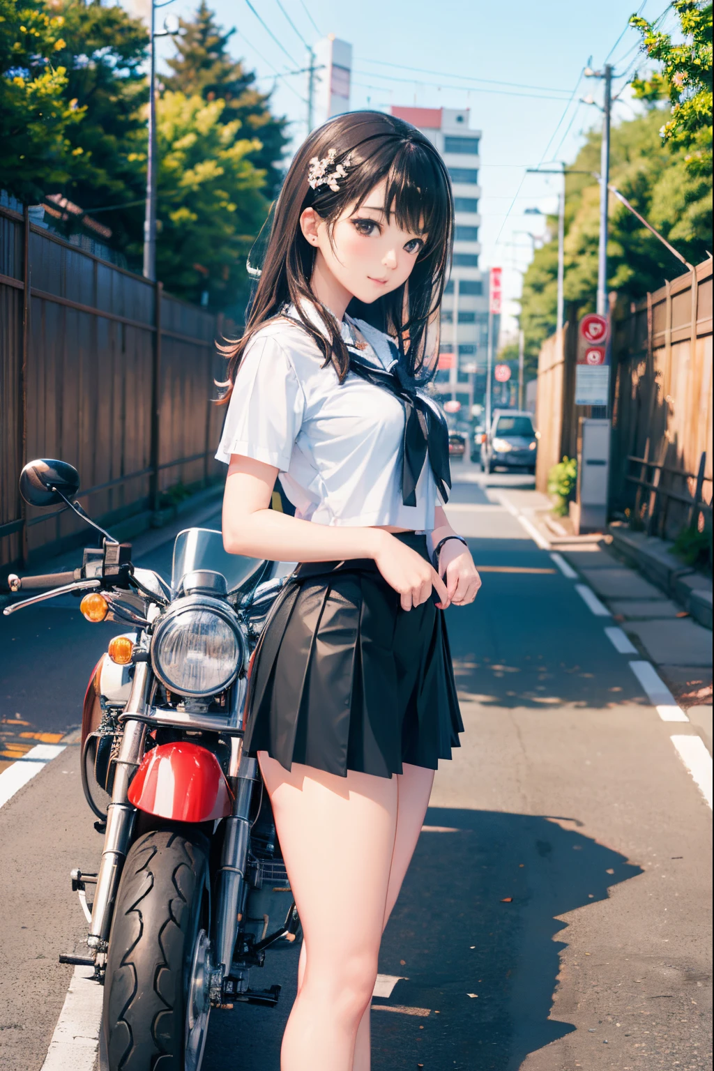 Japan schoolgirl riding motorcycle,a miniskirt、white panty、beautiful thigh、Beautiful panties、beautiful  Girl、Beautie、Beautie、****con hentai、Beautiful panties、beautiful thigh、beautiful  Girl、Beautie、Happy!!!, , motor cycle,[ photos realistic ]!!, hight resolution,