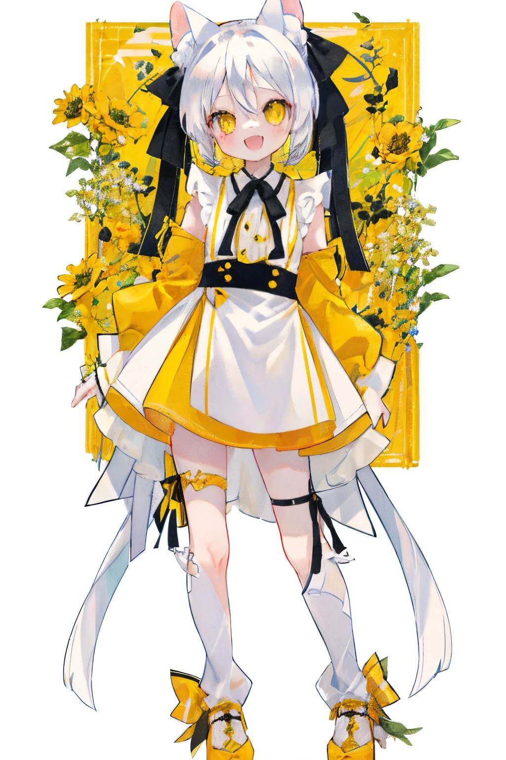 Standing Picture、full bodyesbian、cute little、masterpiece、top-quality、Top image quality、white hair、black ribbon on the head、Twin-tailed、yellow eyes、Shoulder Length Clothing、a smile、laugh、double tooth、