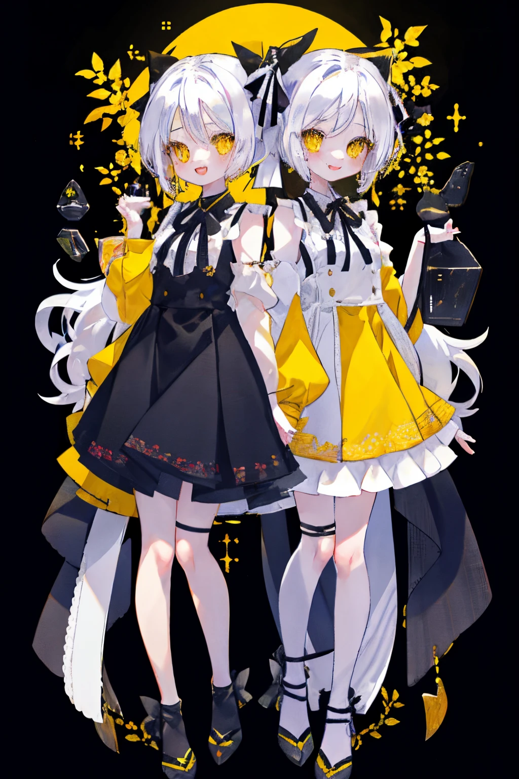 Standing Picture、full bodyesbian、cute little、​masterpiece、top-quality、Top image quality、white  hair、black ribbon on the head、Twin-tailed、yellow  eyes、Shoulder Length Clothing、a smile、laugh、double tooth、