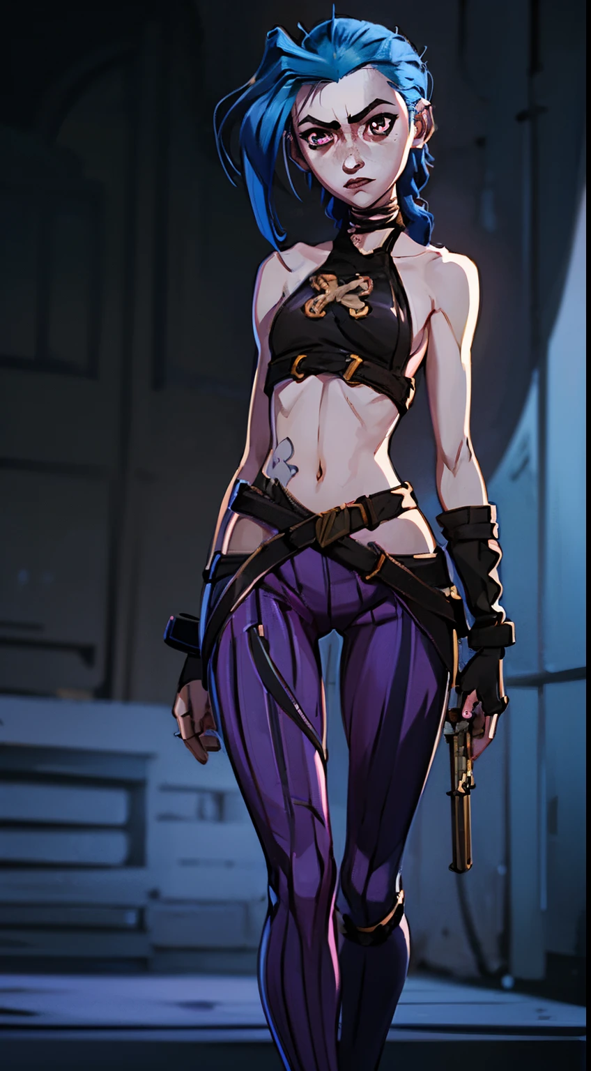 Arcane style (Secret anime series), League in the style of Lagenda, Arcane's Jinx (Jinx from Arcane 1 character design.1), stands on the edge of the roof, gloomy composition, glowing pink eyes (highly detailed glowing pink eyes, pink pupils 1.1), Pink pupils, very detailed eyes, Beautiful figure, a 1girl, facing the viewer, Beautiful figure (Proper Anatopy 1.1.), in full height (Body Full 1.1), Slender figure, shapely legs, Blue hair, hairlong, Skinny black pants, Skinny black leather pants, Very detailed face, Very beautiful face, Very sexy ass, in full height (Body Full 1.1), small elastic breasts, Little ass, Beautiful slim figure, small buttocks, black tight suit, tmasterpiece,beste-Qualit,higly detailed,Visible to the feet, 8K resolution, High Sharp, higly detailed,a perfect face, detailed face and body, expressive look, elastic small breasts, Heightened sexuality,