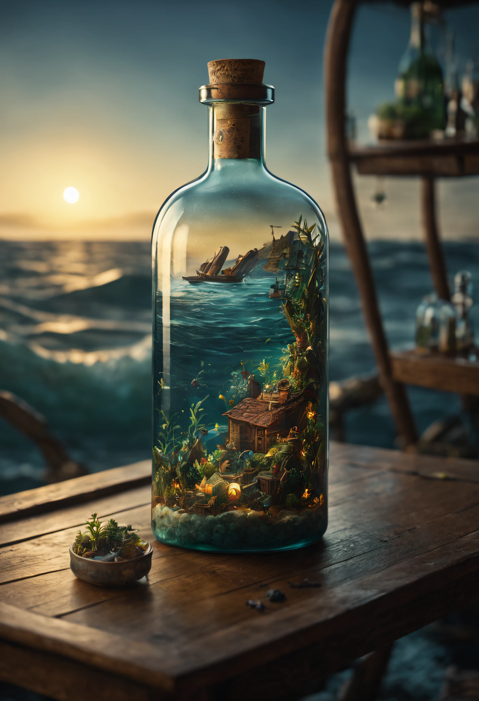 (An intricate sea trapped in a bottle), atmospheric oliva lighting, on the table, 4k UHD, dark vibes, hyper detailed, vibrant colours, epic composition, octane render, sharp focus, high resolution isometric, Leonardo Da Vinci style.