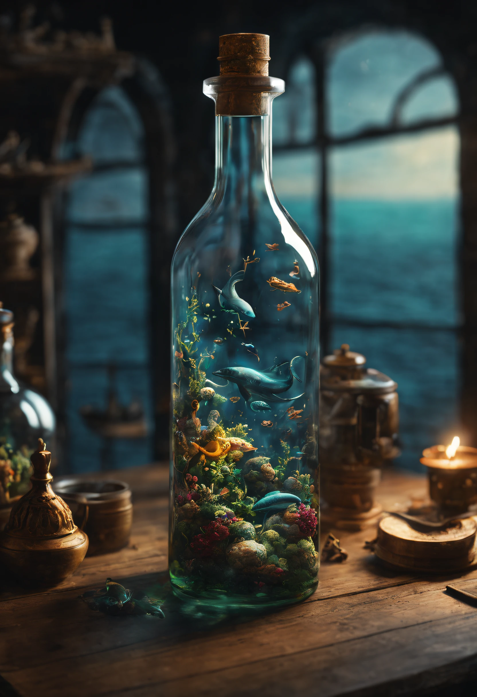 (An intricate sea trapped in a bottle), atmospheric oliva lighting, on the table, 4k UHD, dark vibes, hyper detailed, vibrant colours, epic composition, octane render, sharp focus, high resolution isometric, Leonardo Da Vinci style.