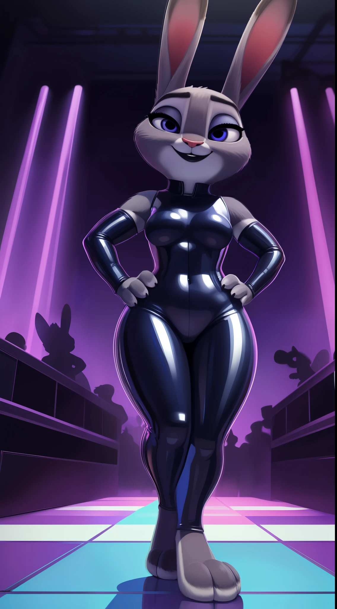 [Judy hopps; Zootopia], [Uploaded to e621.net; (Pixelsketcher), (qupostuv35:1.3), (ozoneserpent), (the minuscule task)], ((masterpiece)), ((solo portrait)), ((full body)), ((front view)), ((feet visible)), ((furry; anthro)), ((detailed fur)), ((detailed shading)), ((beautiful render art)), (((make-up))), bunny ears, smile, bunny tail, (beautiful legs), (beautiful feet), (gorgeous hips)}, ((intricate detail, 4K)), {Anthro; ((bunny, female, featureless breasts, antrum, extremely detailed, extremely detailed legs, extremely detailed arms, extremely detailed face, perfectly detailed eyes, perfectly detailed anatomy)), ((grey fur))}, ((solo, perspective)), [Body; ((adult, mature body, large body, curved thighs, gorgeous hips, curvature)), (smooth fur, bunny nose, ((one pair of ears)))], [Clothing; ((sexy rubber outfit, kinky))], {(half-closed eyes, lewd expression, looking lewdly, looking at you, beautiful indigo eyes, indigo eye shadow, (black lipstick:1.3), ((hands on hips:1.2)))}, [Perspective: (breast focus, below perspective, front shot, bent forward, showing off chest, breast shot, bending over, being lewd)], [Setting; ((silhouette crowd in background), (club stage), (lights), (edm club), (dance floor), vibrant colors, digital render style, cinematic lighting, depth of field)]