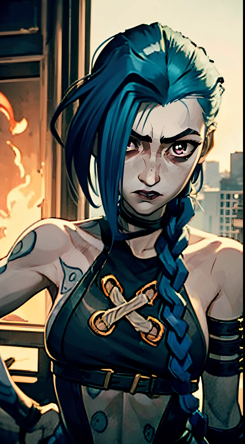 Erotica, Sexy, Roof Edge, roof, View of the city from above, Halloween, Pumpkin shoots, Pumpkins with glowing eyes, fentezi, Steampunk City, Beautiful figure, laughting, stands on the edge of the roof,(Body Full 1:1) explosions, fire, Chaos, Arcane style, Fantasy City, the night, Weapons in hand, waves his hand, Burning pink pupils, explosions, The Flash, 1girl, tattoo on arm, asymmetrical bangs, quiff, Blue hair, braid, brown shirt, Tattoo Cloud, looks at the viewer, the madhatter, deranged look, the night, The city, green hair, hairlong, hason, pink eyes, red-lips, Shirt, 独奏, standingn, tattoo, twin braids, upper-body, Lasso against the evil eye, evil eye \(League of Legends\)