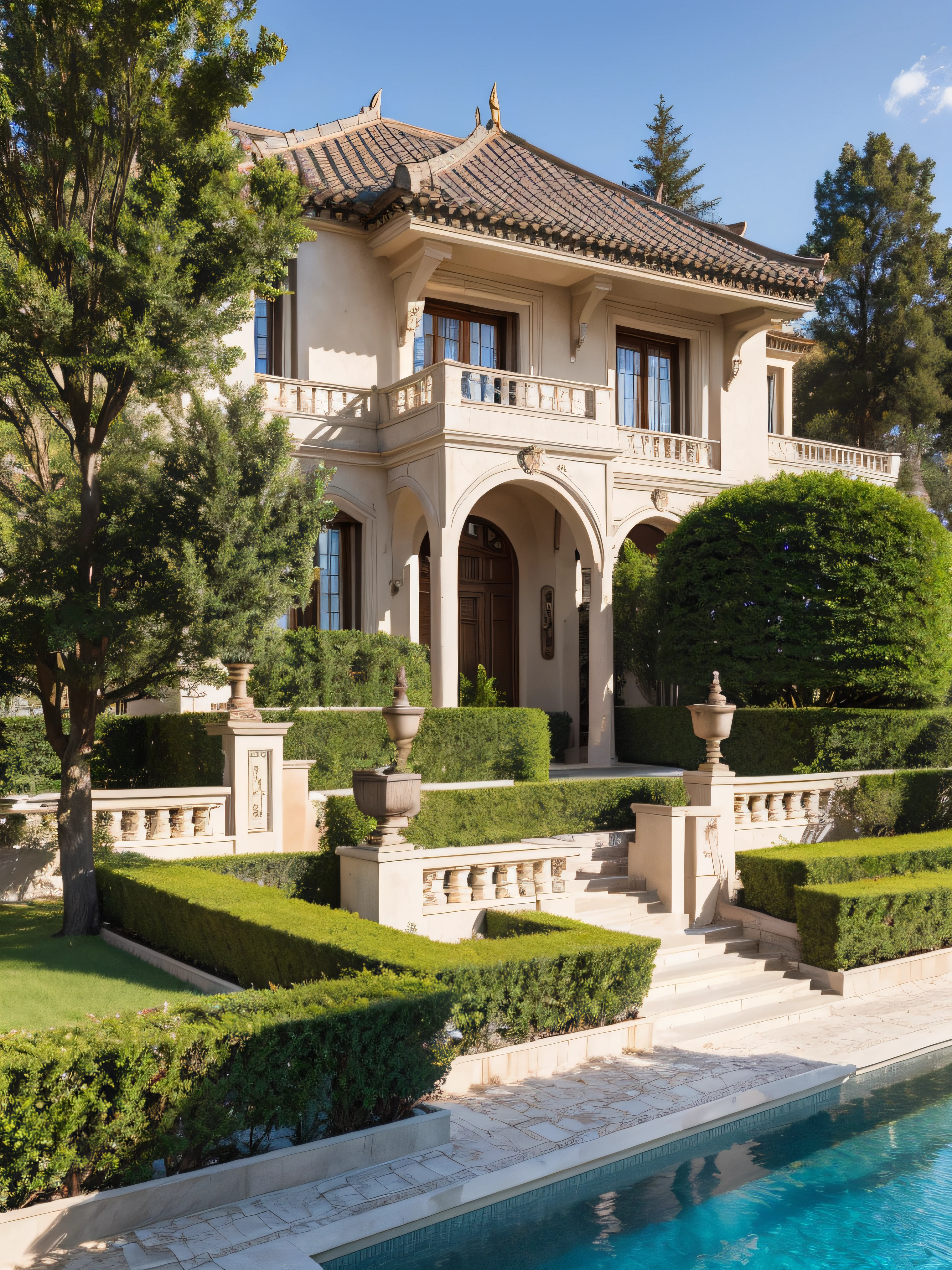 Luxurious single-family villa,European decoration,with engraved relief,with a garden,Exterior walls are made of imitation stone materials