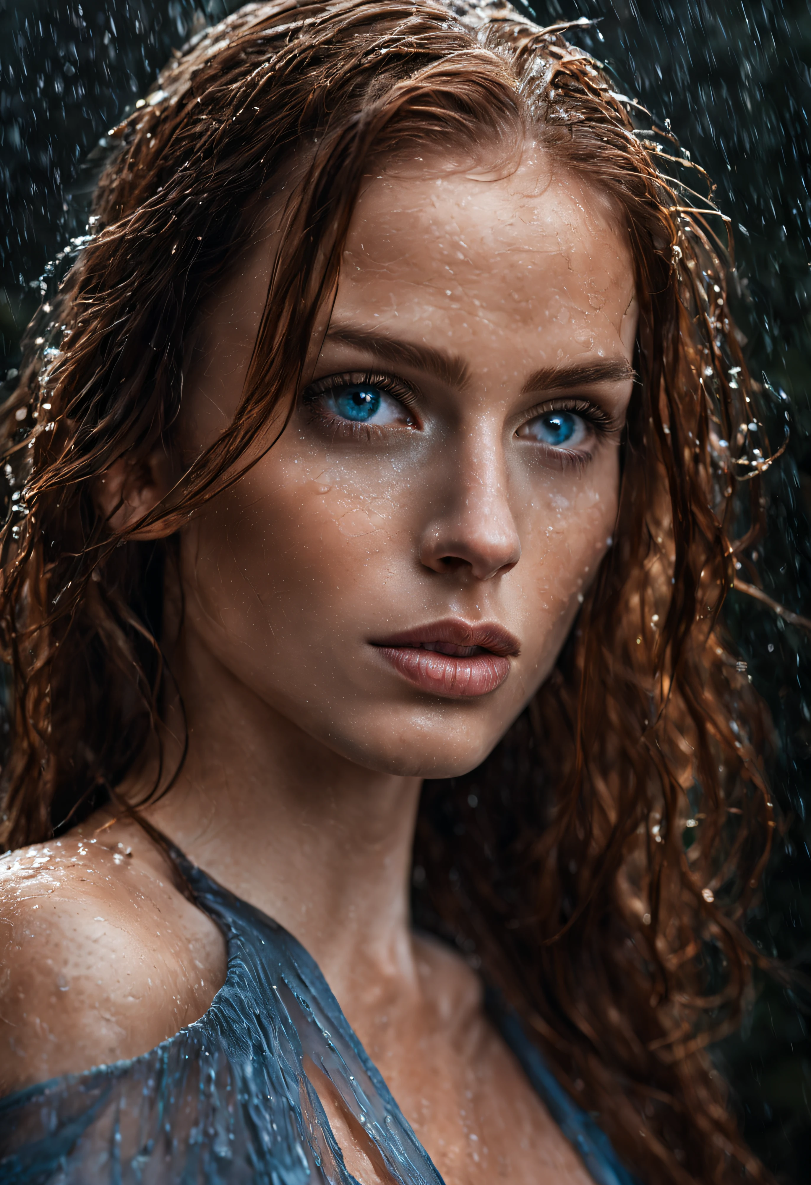 portrait of a unique breathtaking and beautiful woman face close-up, stunning detail, detailed blue eyes, wet auburn hair, detailed skin, smooth hair elegantly draped around her neck, full lips, high cheekbones, in rain, captured in masterful composition, lighting accentuate her natural beauty, gentle shadows and highlights, dark background, wet skin