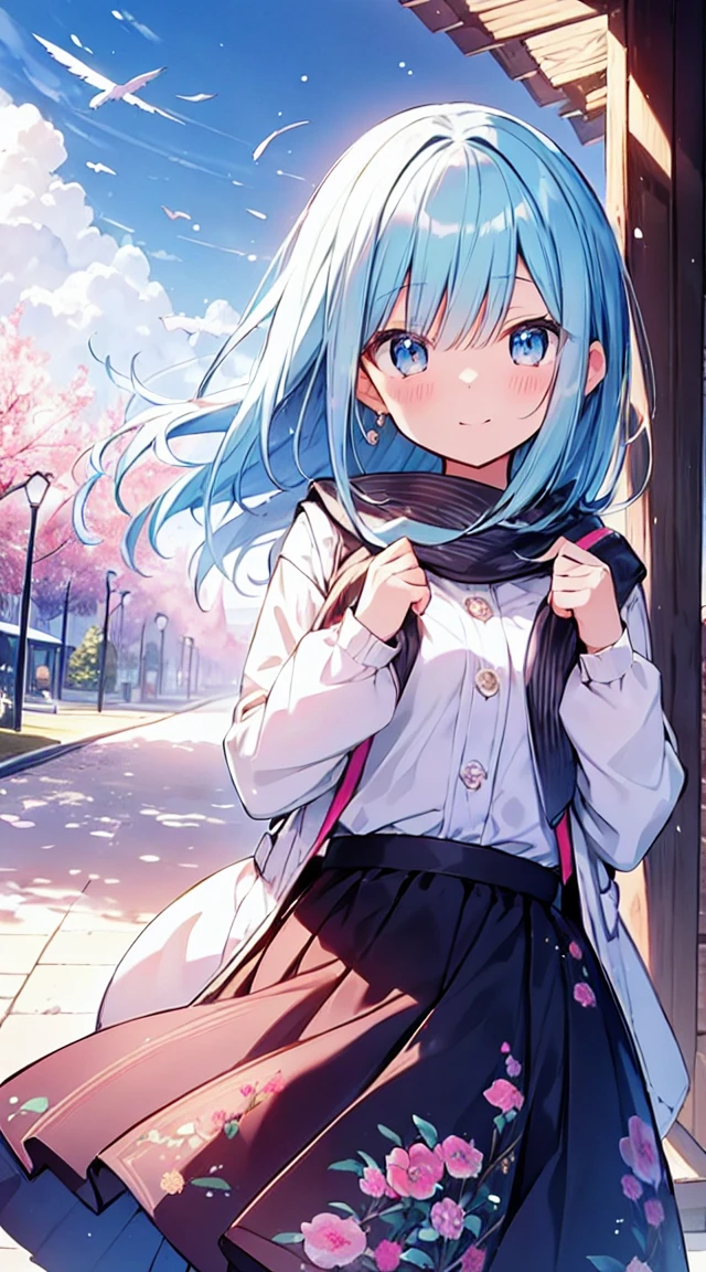 masutepiece, Best Quality,Illustration, Wallpaper, ultra -detail, Absurd beauty, 1beautiful girl、Bright hair color、Glitter and big eyes、Hair fluttering in the wind、♡、Landscape from winter to spring、great laughter、skirt by the、Futomo