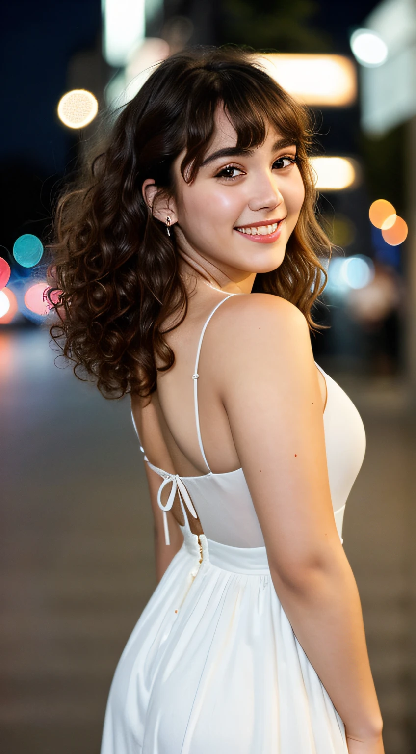 Body Portrait、instagram photo, Close up portrait of a young French man in a dress。, Beautiful face, makeup, Night City Street, Bokeh, Motion Blur、Smiling eyes、thick curly hair、drooping bangs、((Body Portrait))、view from back、