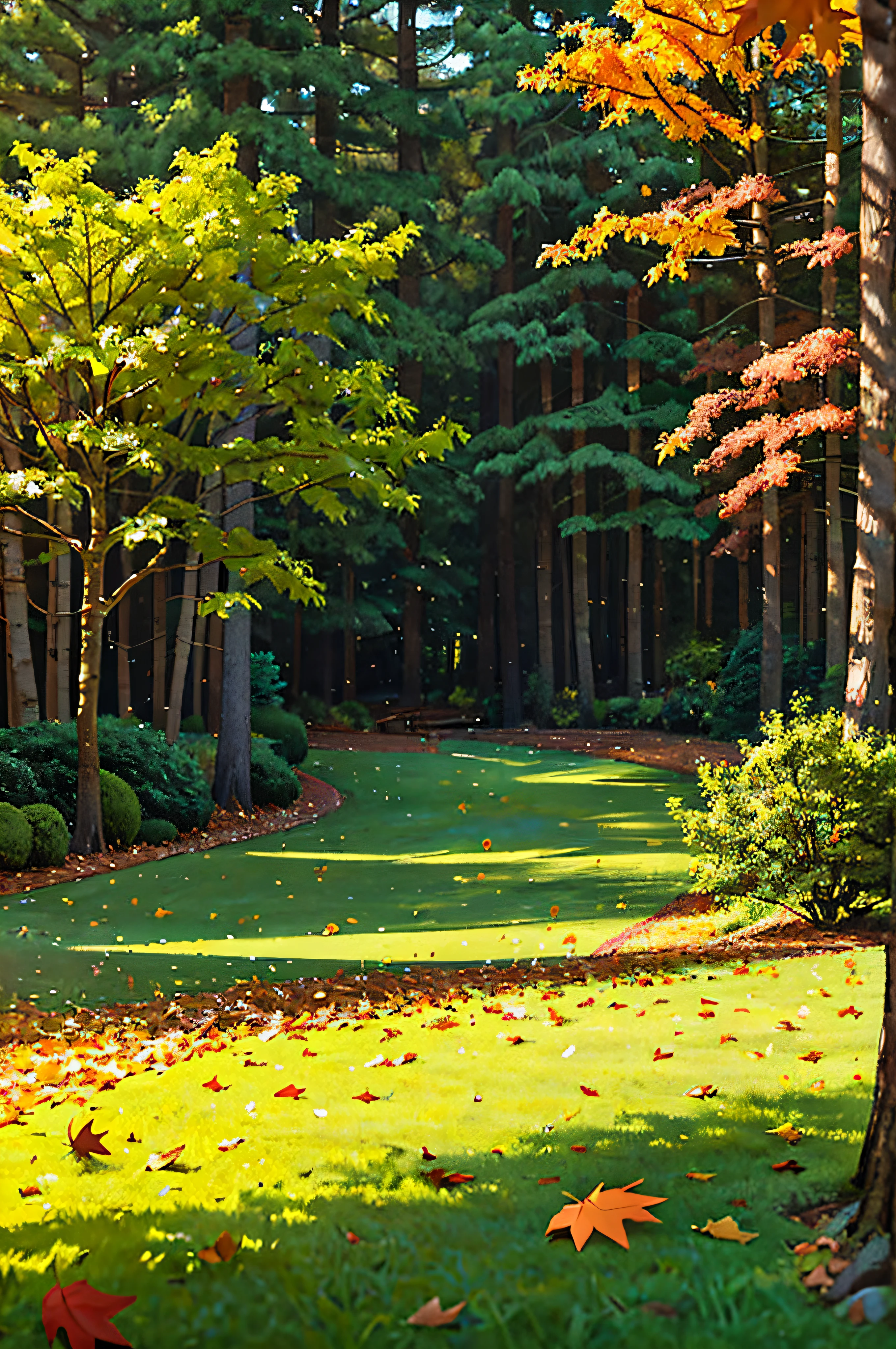 Forest scene,Maple Grove,There are many fallen leaves on the grass,Facing the camera