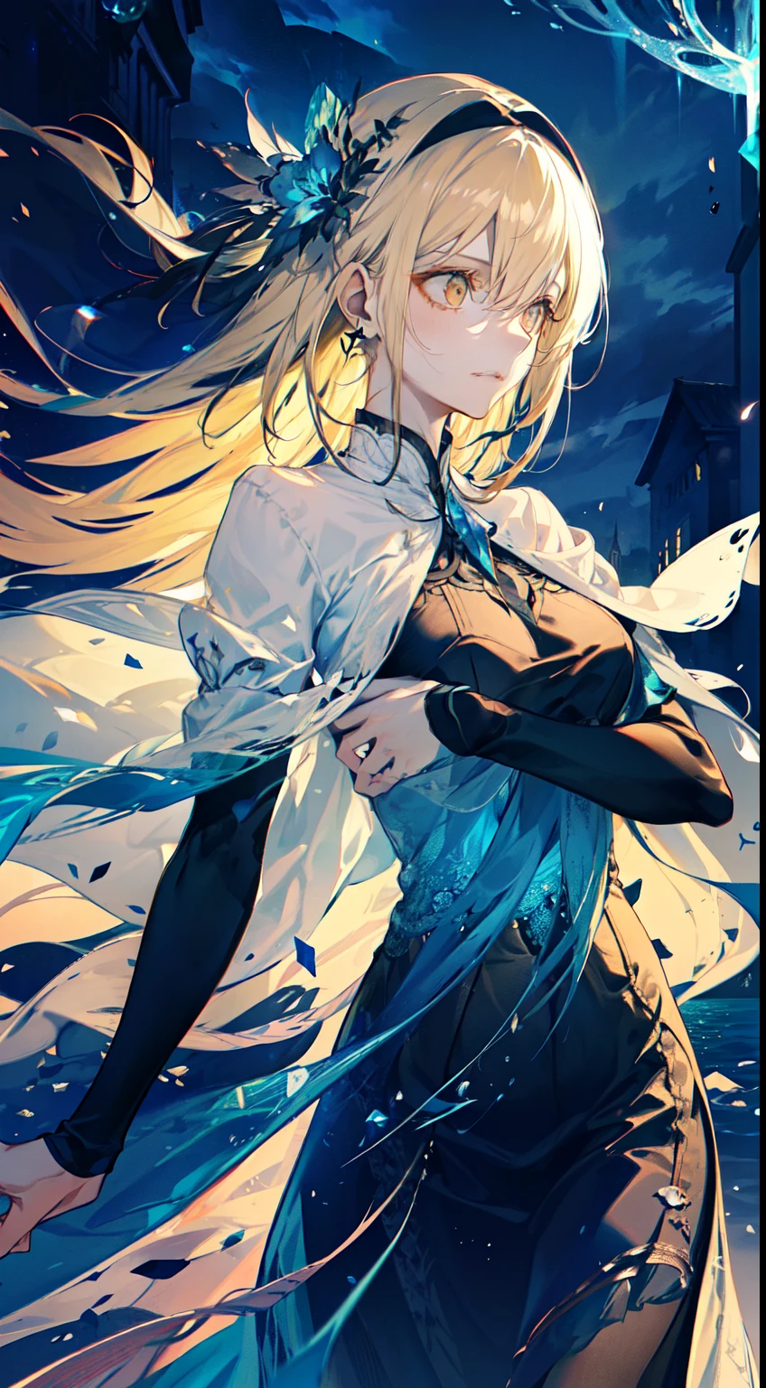 Cefaria, A woman shrouded in mystery, Standing elegantly on the endless shore, Surrounded by the darkness of the abyss. The harmony crystal in your hand emits a gentle light.., Creating a faint glow within the enveloping ambiguity. Her face, Rich expressiveness and depth, Looks like a silhouette emerging from the center of darkness.
Her eyes, tome'blue crystal, Reflecting the knowledge of suffering and the unwavering desire to restore light to a forgotten world.. Her delicate eyebrows add dimension to her look, Her long, flowing, Bright blonde hair, cascades over her shoulders, Add contrast to a dark background.
She is wearing a gown woven from luminous fabric, As if the light itself was woven into her being... the gown flows gracefully, Creates a soft movement in the night breeze. Its color palette reflects the spectrum of light, From ocean blue to crystal white.
her attitude, straight and elegant, Conveying courage and determination in the face of darkness. Her hand is tightly clutching the Crystal of Harmony., As if she were the last hope guardian in a quiet world... in a dimly lit environment, she stands as a beacon of light, Resolute presence even in dimly lit environments.
The background is shrouded in darkness, Highlights the jet-black night sky with twinkling stars. The ocean spreads out in front of you, Create dramatic and atmospheric backgrounds. Black clouds in the sky、Add an atmosphere of mystery and impending threat.
Kephalia radiates a blend of emptiness, Resilience, and unwavering hope. she is the keeper of the light in the darkness, With the power of brilliance and unyielding will、fight the shadow. part of the song of eternal suffering, Still, An unquenchable flame of hope.