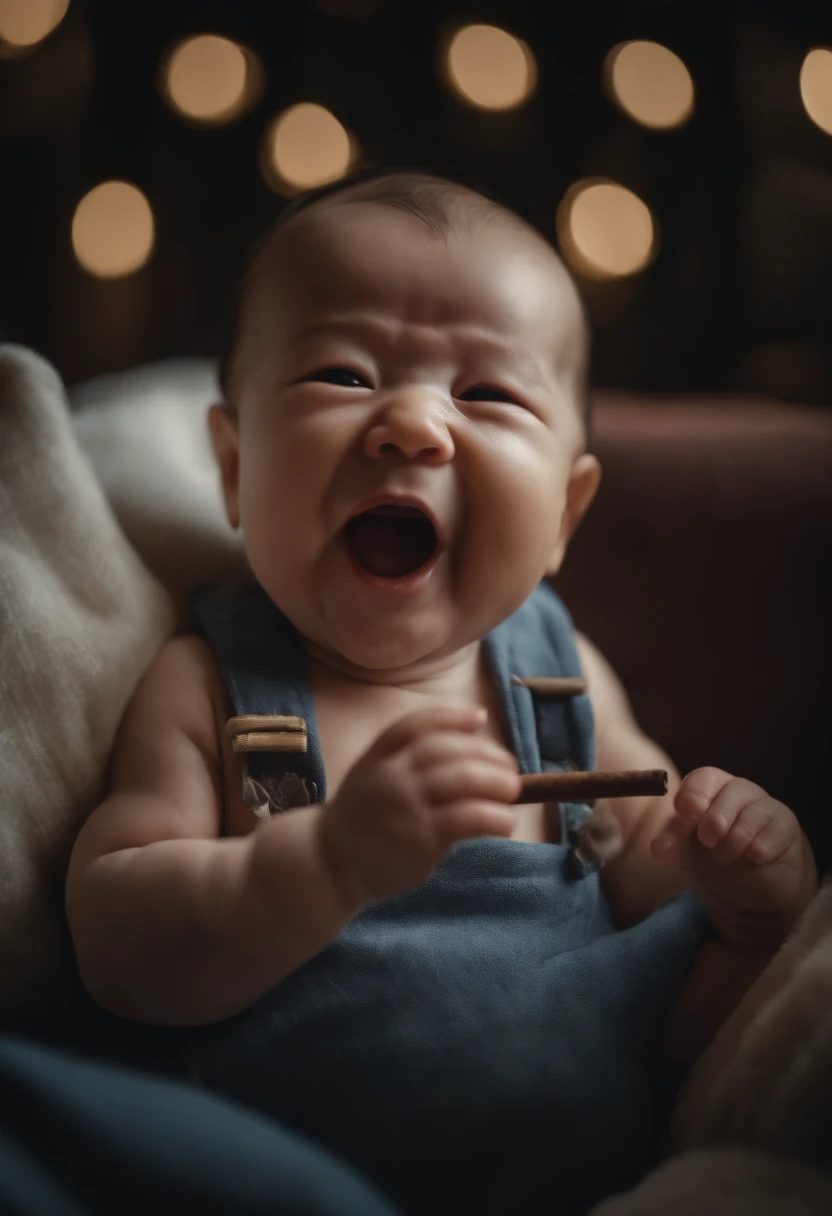 comedic and funny picture of a  bababy boy, baby bo mixed Chinese and Caucasian, boy is laughing and smoking a cigar, hyperrealistic