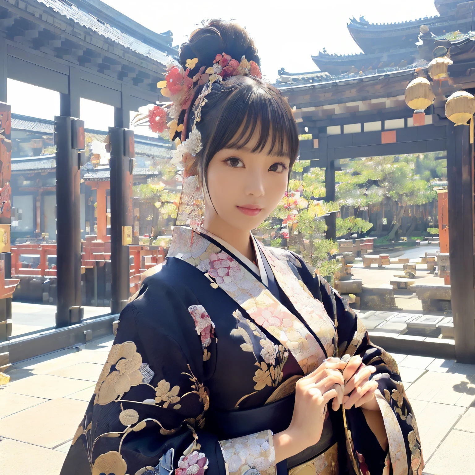 ((top-quality、masutepiece、8K、Top image quality、Very complex and detailed details、Shooting centered on one woman 、a person々a photo of a、very bright and vivid photos、High brightness、a high chroma))、((Beauty 1 person、Take photos from up close to her、Mainly close-ups of women、Detailed her face、Photographing a single woman、stand in the capital、Take a photo of her from the knees up、gorgeous costumes、花魁、Flowers Kimono、gorgeous flower costume))、(((Atmosphere of the Heian period、Beautiful Niwa-lacquered pillars、Huge and majestic Niwa-lacquered gate、Beautiful and perfect Heiankyo、beautiful and luxurious tiled roof、many luxurious buildings、Lots of buildings、luxury capital、luxury city buildings、A complete reproduction of the Heian period capital、The perfect capital of Heiankyo、The precincts of Heiankyo、luxury city、Japan in the 800s、Heian period、Perfect reproduction of Japan、Heian period)))、(Perfect gas chamber、A smile)