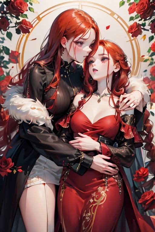 A red haired woman with red eyes with a braid with roses in a red and white long sleeve gown is kissing a black haired woman with brown eyes in a black gown with a golden moon pattern.