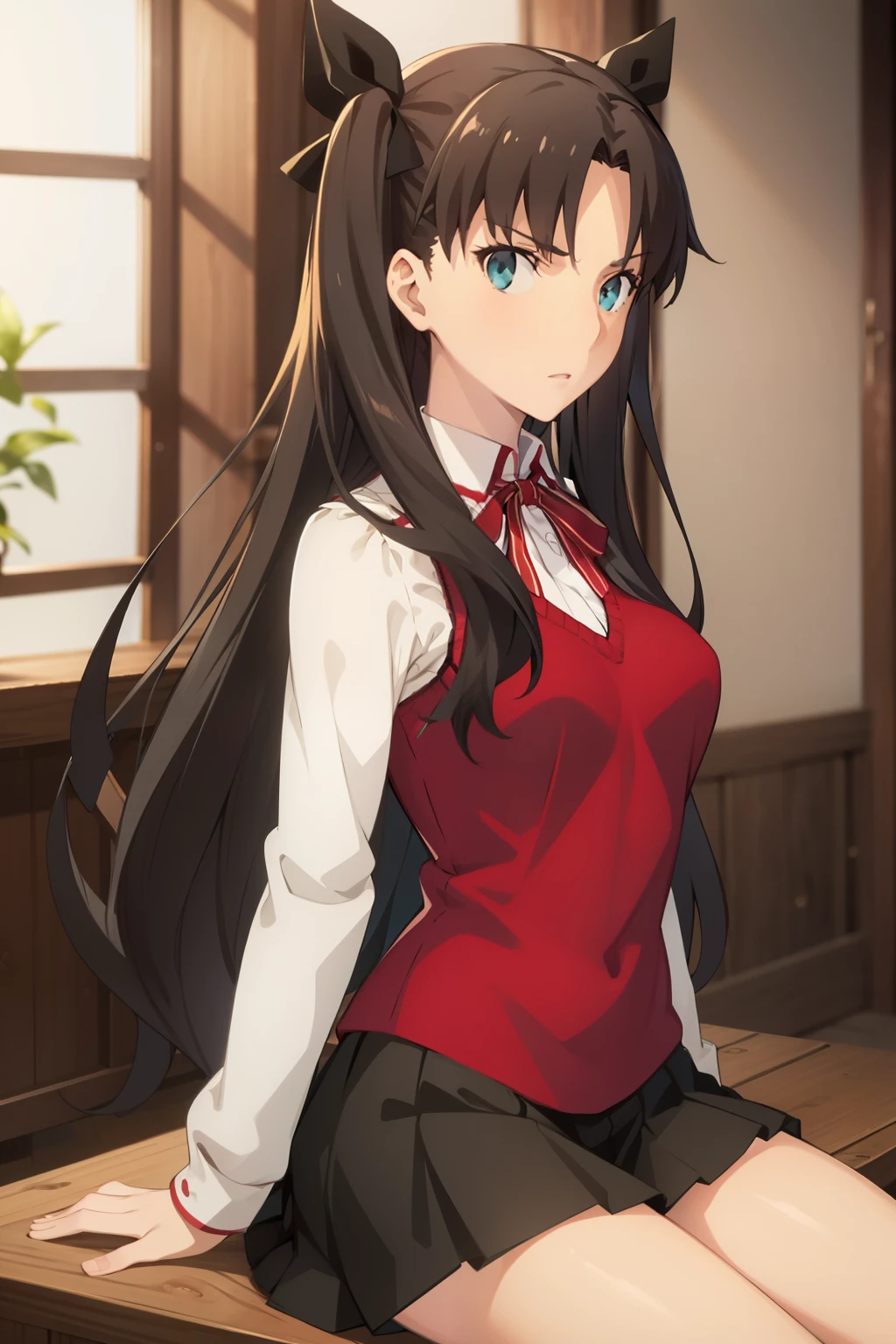 Masterpiece), Best quality, expressive eyes, Perfect face, 1girl, only, Rin tohsaka, aqua eyes, black hair, hair band, Long hair, ribbon, side locks, Two sides up, black skirt, black thighs , long sleeves, miniskirt, pleated skirt, ((red sweater)), skirt, sweater, thigh highs, neck, city background, sitting, character sheet, upper body, portrait, looking at viewer, thick thighs, breasts medium, wide hips