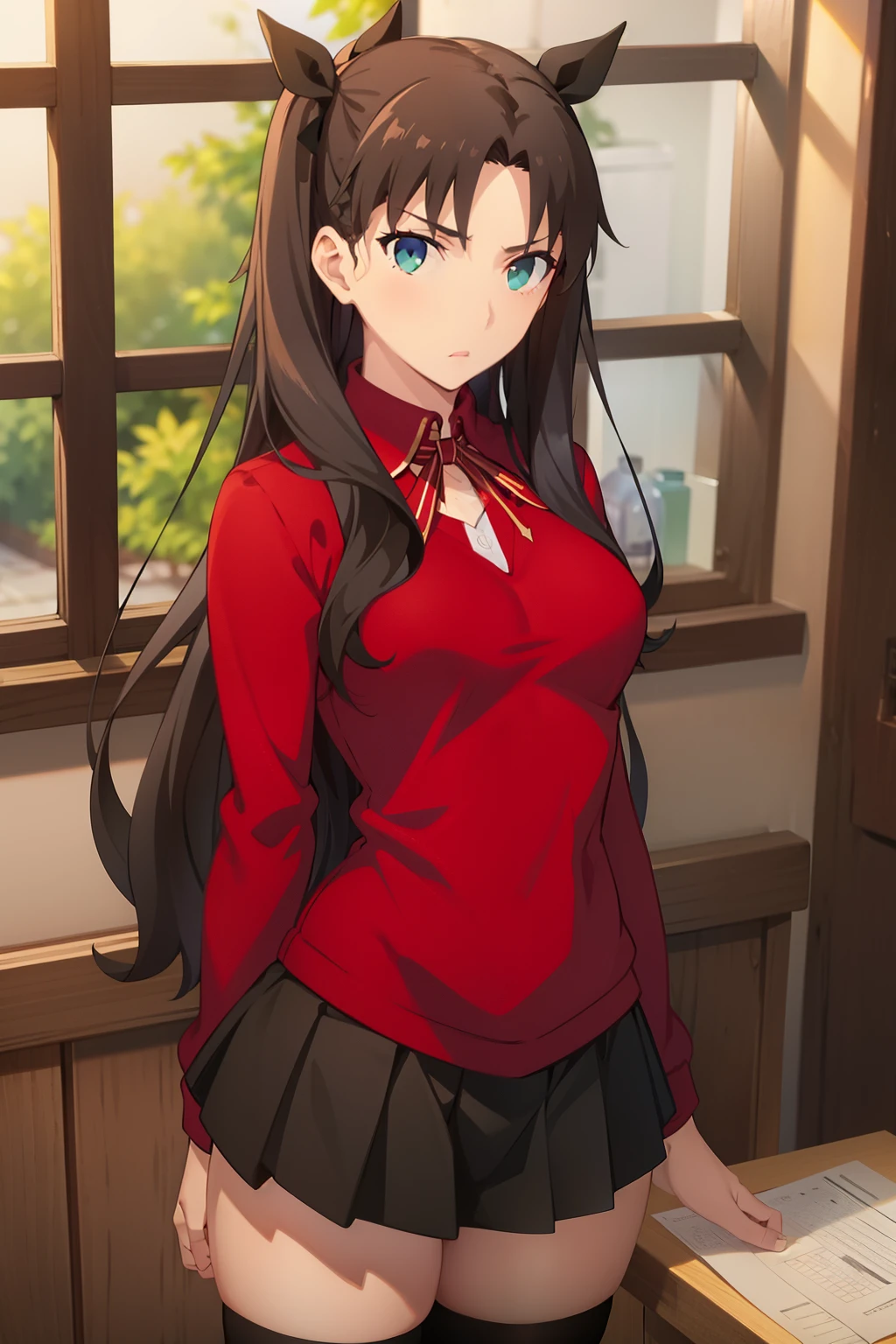 Masterpiece), Best quality, expressive eyes, Perfect face, 1girl, only, Rin tohsaka, aqua eyes, black hair, hair band, Long hair, ribbon, side locks, Two sides up, black skirt, black thighs , long sleeves, miniskirt, pleated skirt, ((red sweater)), skirt, sweater, thigh highs, neck, city background, sitting, character sheet, upper body, portrait, looking at viewer, thick thighs, breasts medium, wide hips