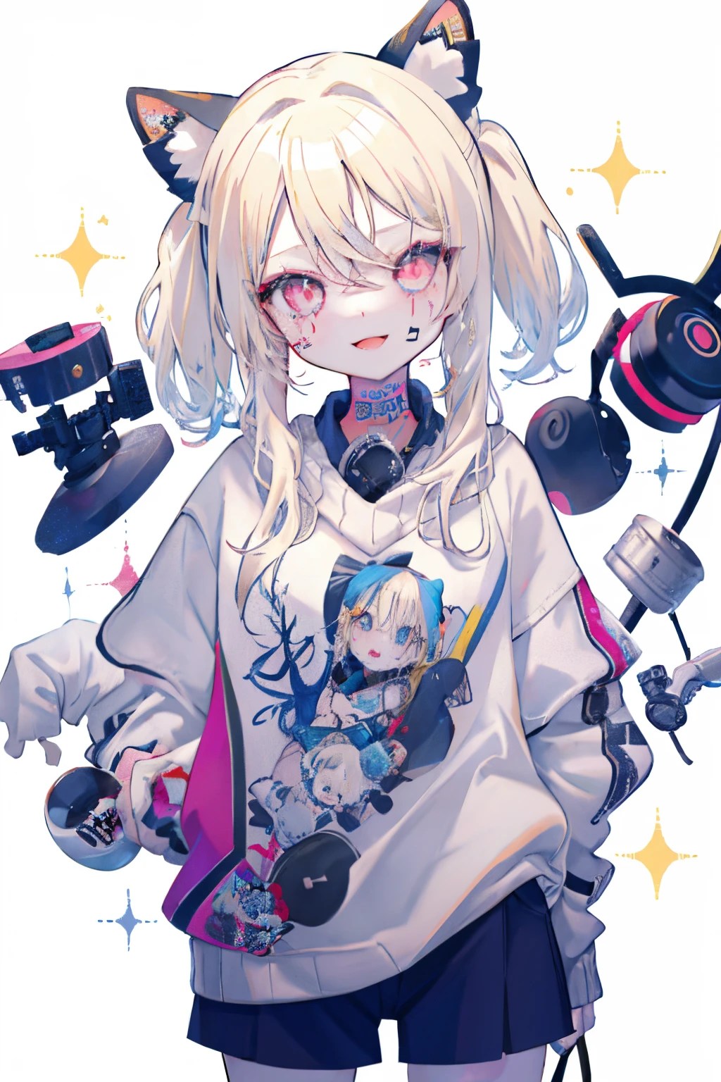 1 kpop girl, poercing, tattoo, messy blond, cute face, happy, sweater, holding a camera