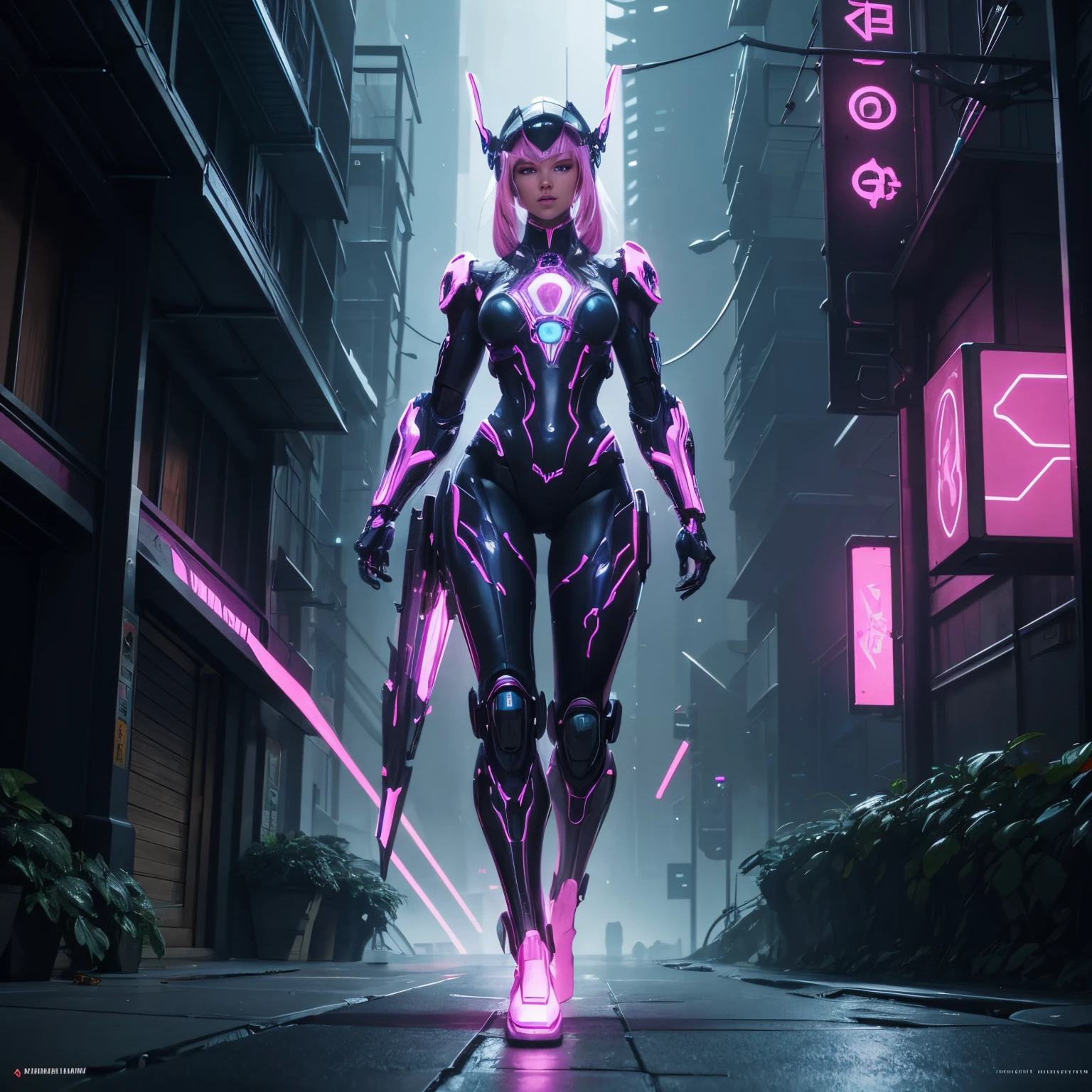 Futuristic robot that looks like a human woman, glowing neon eyes, glowing neon cybernetic circuitry showing in arms and legs, neon pink, full body frontal , large DD breasts, bright futuristic city background, walking down the street, ethereal fantasy, hyper-detailed mist, Thomas Kinkade, 8k resolution concept art by Greg Rutkowski, Artgerm, WLOP, Alphonse Mucha, dynamic lighting, hyper-detailed, intricately detailed, Splash art trending on Artstation, triadic colors, Unreal Engine 5 volumetric lighting
