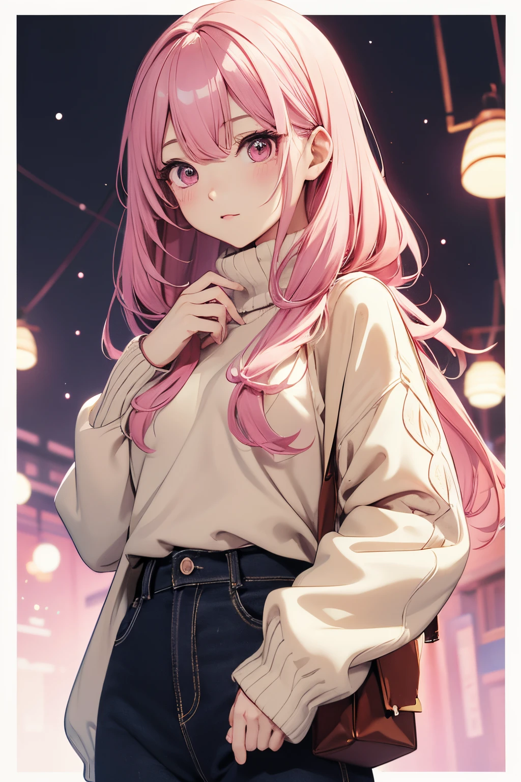 absurderes, masutepiece, Best Quality, Light colors, K-POP Korean girl with beautiful face , Beautiful hair ,A pink-haired、 web cartoon characters, anime eyes, beige knit clothes, masterpiece background, Detailed background、Winters、Adult Woman