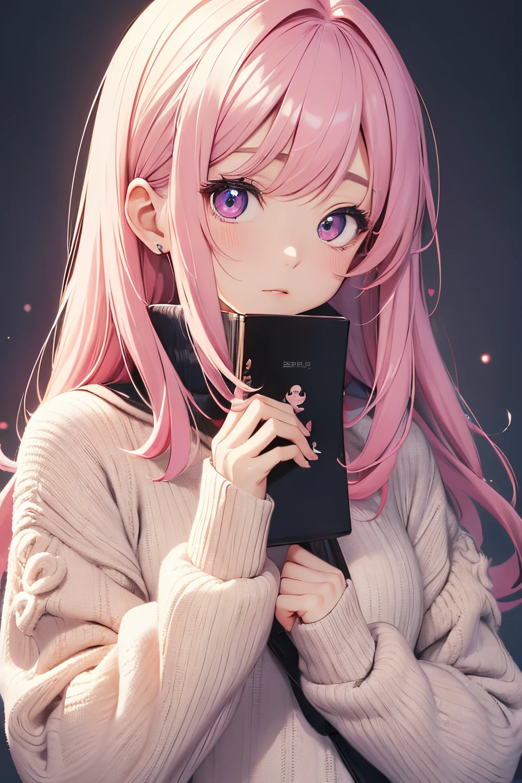 absurderes, masutepiece, Best Quality, Light colors, K-POP Korean girl with beautiful face , Beautiful hair ,A pink-haired、 web cartoon characters, anime eyes, beige knit clothes, masterpiece background, Detailed background、Winters、Adult Woman