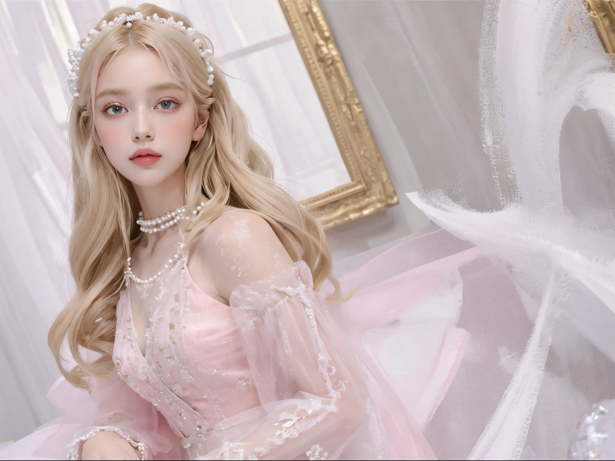 ((tmasterpiece)),high high quality,ultra - detailed,coiffed blonde hair+light pink clothing:1.2,sweet and delicate girl,bjd,ta ,exquisite facial features,perfect body figure,face adorned with pearls,There are bubbles around,The colors are bright and bright,Romantic long hair,natural soft light,warm and sweet,with brown eye,Gorgeous hair decoration,Pink Costume