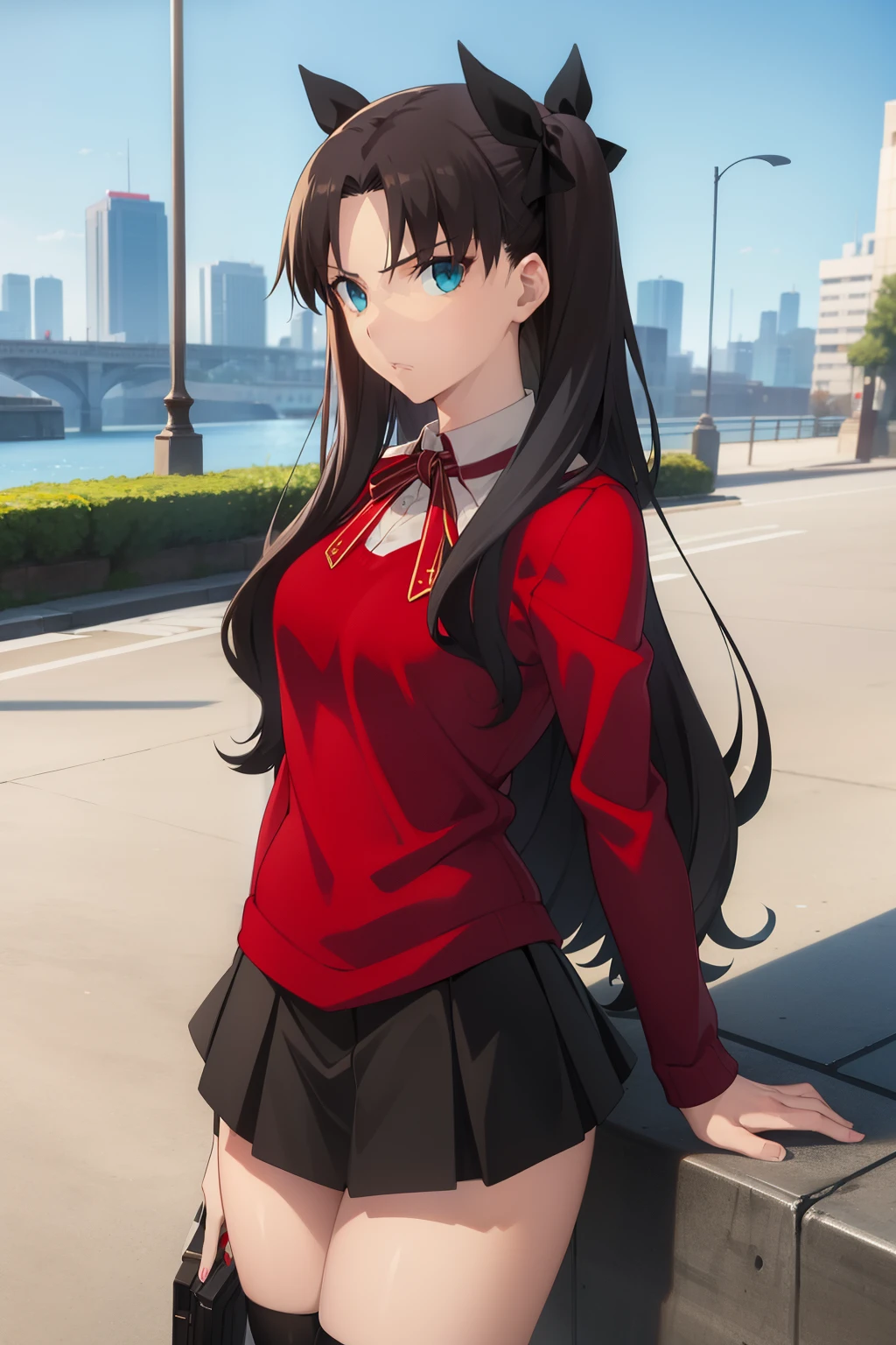 Masterpiece), Best quality, expressive eyes, Perfect face, 1girl, only, Rin tohsaka, aqua eyes, black hair, hair band, Long hair, ribbon, side locks, Two sides up, black skirt, black thighs , long sleeves, miniskirt, pleated skirt, ((red sweater)), skirt, sweater, thigh highs, neck, city background, sitting, character sheet, upper body, portrait, looking at viewer, thick thighs, breasts medium, wide hips