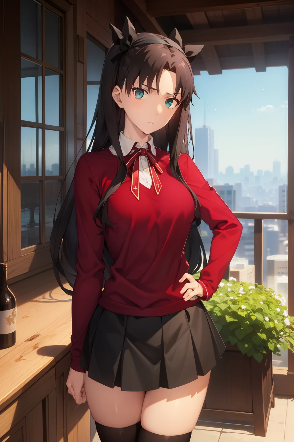 Masterpiece), Best quality, expressive eyes, Perfect face, 1girl, only, Rin tohsaka, aqua eyes, black hair, hair band, Long hair, ribbon, side locks, Two sides up, black skirt, black thighs , long sleeves, miniskirt, pleated skirt, ((red sweater)), skirt, sweater, thigh highs, neck, city background, sitting, character sheet, upper body, portrait, looking at viewer, thick thighs, breasts medium, wide hips