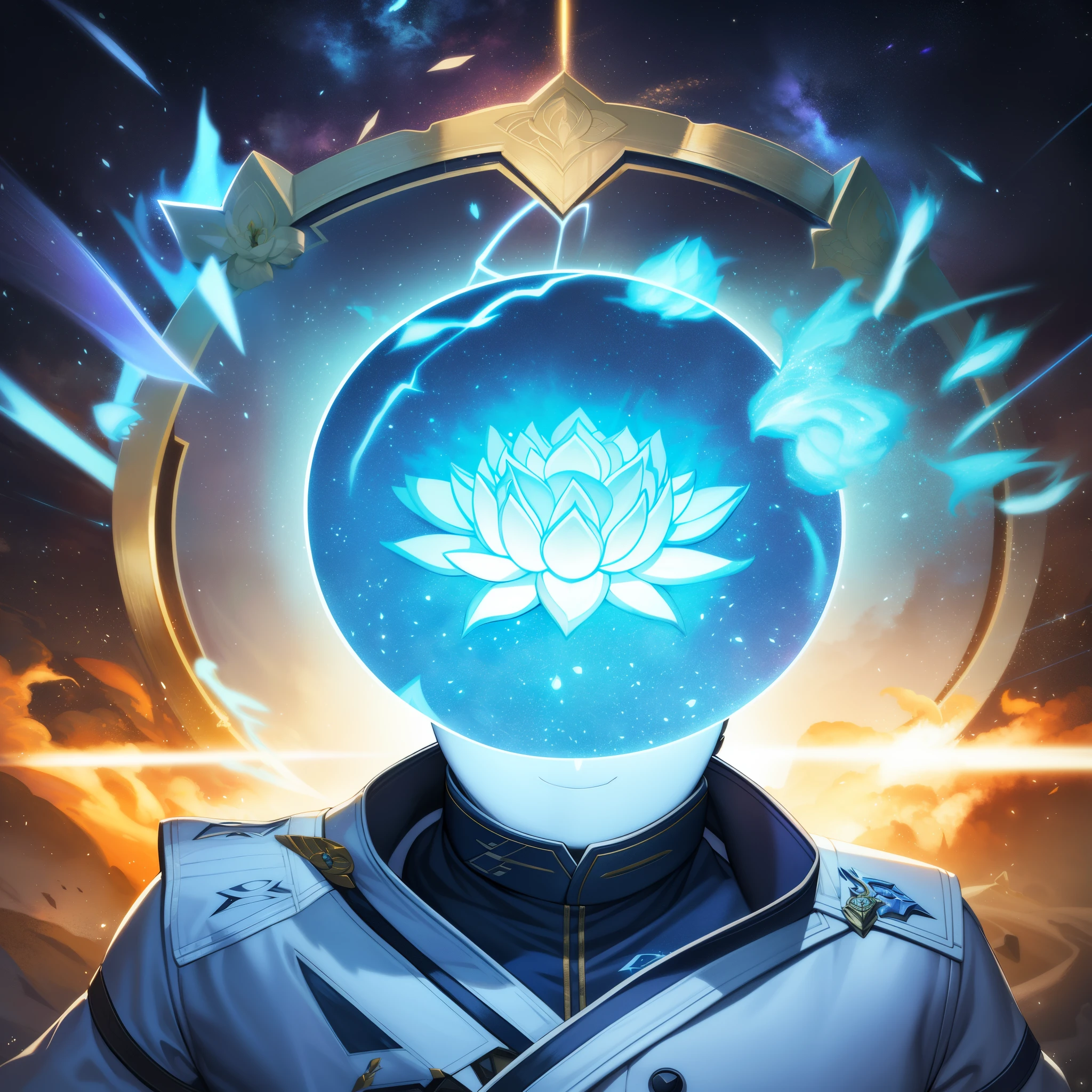 The Great Lotus in the Light of Tyndale   {Blue-white-collar}fire，Lightning Arc，Light Effects,nffsw,Blizzard Style Art Trends,Diffuse luminous fog Particles that glow in the dark,Brilliant Volumetric Light - AR 3:4 --s 750 --v 5.2