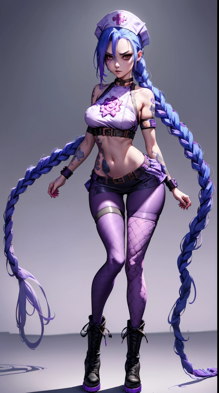 Jinx nurse，nurse hat，(White nurse costume)，Red rose tattoo on arm，Blue twist braid，Runaway Lori，League of Legends ，de cuerpo completo，(kneehigh boots)),purpleish color，(fishnet leggings),(standing on your feet)，The background is dark and tough，There is a sense of danger and intensity。