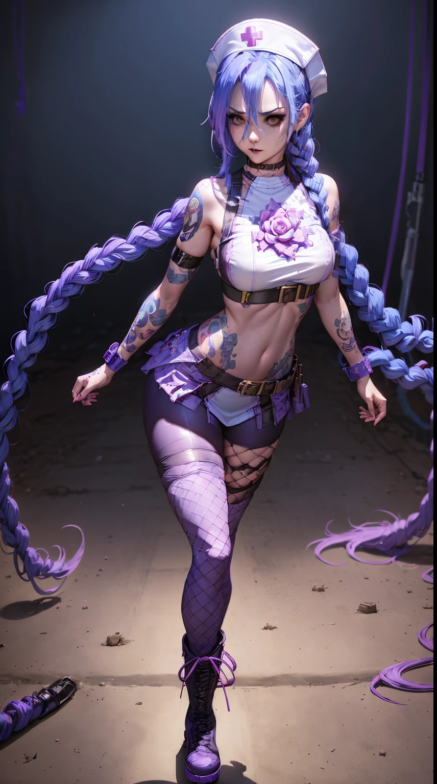 Jinx nurse，nurse hat，(White nurse costume)，Red rose tattoo on arm，Blue twist braid，Runaway Lori，League of Legends ，de cuerpo completo，(kneehigh boots)),purpleish color，(fishnet leggings),(standing on your feet)，The background is dark and tough，There is a sense of danger and intensity。