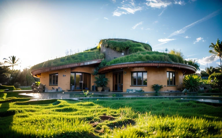 A photograph of a symmetrical contemporary house with (((green roof))) and (((biological pool))) in a tropical backyard, terracota plaster walls (((rustic clay stucco))), ((corner walls rounded)), ((rustic clay plaster)), (((terracotta walls with rounded corners, organic curves))), (((rustic earth plaster, mud))), (((wave-shaped green roof with wooden edge))), (((wooden roof structure, wooden rake, wooden fascia board))), eaves, porch with wooden pillar, ((roof with wooden structure)), In Bali (((Tropical garden))) , ((natural houses, organic buildings, organic architecture)), Ecovillage, sustainable architecture, Bioconstruction architecture, solarpunk architecture, (((grass roof, green roof, green wave roof, rounded roof, vegetated roofs))), ((green architecture)), Passive house, (((Rock Foundation))), Clear sky in the background, painful beauty, modern, imposing, green house, ((Bali hobbit Hadid Style)), super resolution, cinematic, color grading , editorial photography, photography, photo shoot, (((dramatic front eye top angle view))), O 50mm, depth of field, intricate details, natural colors, sharp focus, warm light, shutter speed 1/1000 , F/22 , White Balance, Ray Trace Reflections, Lumen Reflections, Screen Space Reflections, Diffraction Rating, Chromatic Aberration, GB Shift, Partial Lighting, Backlighting, Daylighting, Scan Lines, ambient occlusion, antialiasing, shaders, OpenGL-Shaders, GLSL-Shaders, Post-processing, post-production, shading, tone mapping, incredibly detailed and complex, hypermaximalist, elegant, hyperrealistic, super detailed, dynamic pose, Fujifilm XT