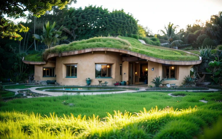 A photograph of a symmetrical contemporary house with (((green roof))) and (((biological pool))) in a tropical backyard, terracota plaster walls (((rustic clay stucco))), ((corner walls rounded)), ((rustic clay plaster)), (((terracotta walls with rounded corners, organic curves))), (((rustic earth plaster, mud))), (((wave-shaped green roof with wooden edge))), (((wooden roof structure, wooden rake, wooden fascia board))), eaves, porch with wooden pillar, ((roof with wooden structure)), In Bali (((Tropical garden))) , ((natural houses, organic buildings, organic architecture)), Ecovillage, sustainable architecture, Bioconstruction architecture, solarpunk architecture, (((grass roof, green roof, green wave roof, rounded roof, vegetated roofs))), ((green architecture)), Passive house, (((Rock Foundation))), Clear sky in the background, painful beauty, modern, imposing, green house, ((Bali hobbit Hadid Style)), super resolution, cinematic, color grading , editorial photography, photography, photo shoot, (((dramatic front eye top angle view))), O 50mm, depth of field, intricate details, natural colors, sharp focus, warm light, shutter speed 1/1000 , F/22 , White Balance, Ray Trace Reflections, Lumen Reflections, Screen Space Reflections, Diffraction Rating, Chromatic Aberration, GB Shift, Partial Lighting, Backlighting, Daylighting, Scan Lines, ambient occlusion, antialiasing, shaders, OpenGL-Shaders, GLSL-Shaders, Post-processing, post-production, shading, tone mapping, incredibly detailed and complex, hypermaximalist, elegant, hyperrealistic, super detailed, dynamic pose, Fujifilm XT