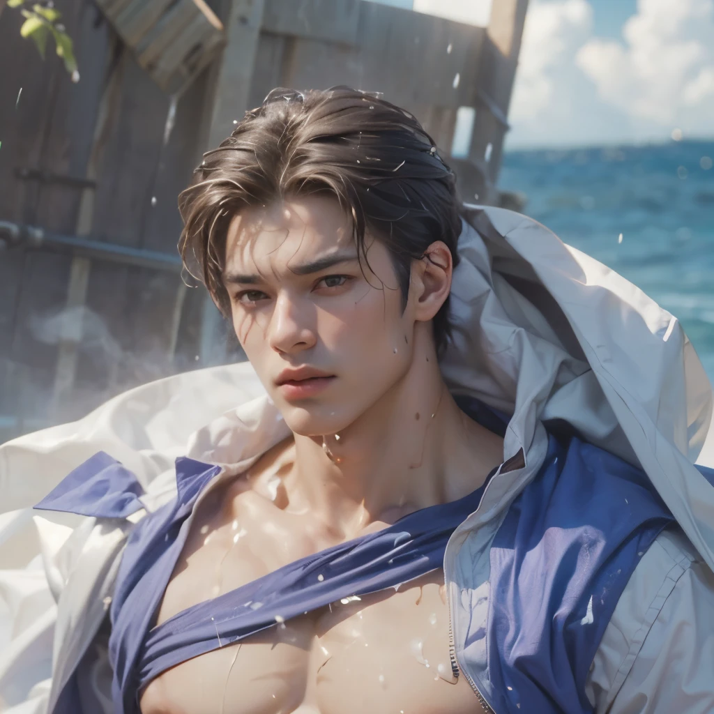 (max resolution: 1.2), (Ultra HDTV: 1.2), 8K resolution, Eye and skin details, detailed facial features, , (Sharp focus: 1, 2), ( Accurate focus) facial expressions: 1,2), Middle-aged standing , (Brown hair), (Shirtless), Shirtless, Perfect muscles, 8 pack, (light sweat, white fluid,  splashing all over the body), (Black briefs), Blue sky, Tree mortar, Transplant, ((Little drops of water on 8-pack abs)), (((water, water))),  splashed all over his face,  splashed all over his abs,  splashed all over his body, his face turned red from embarrassment