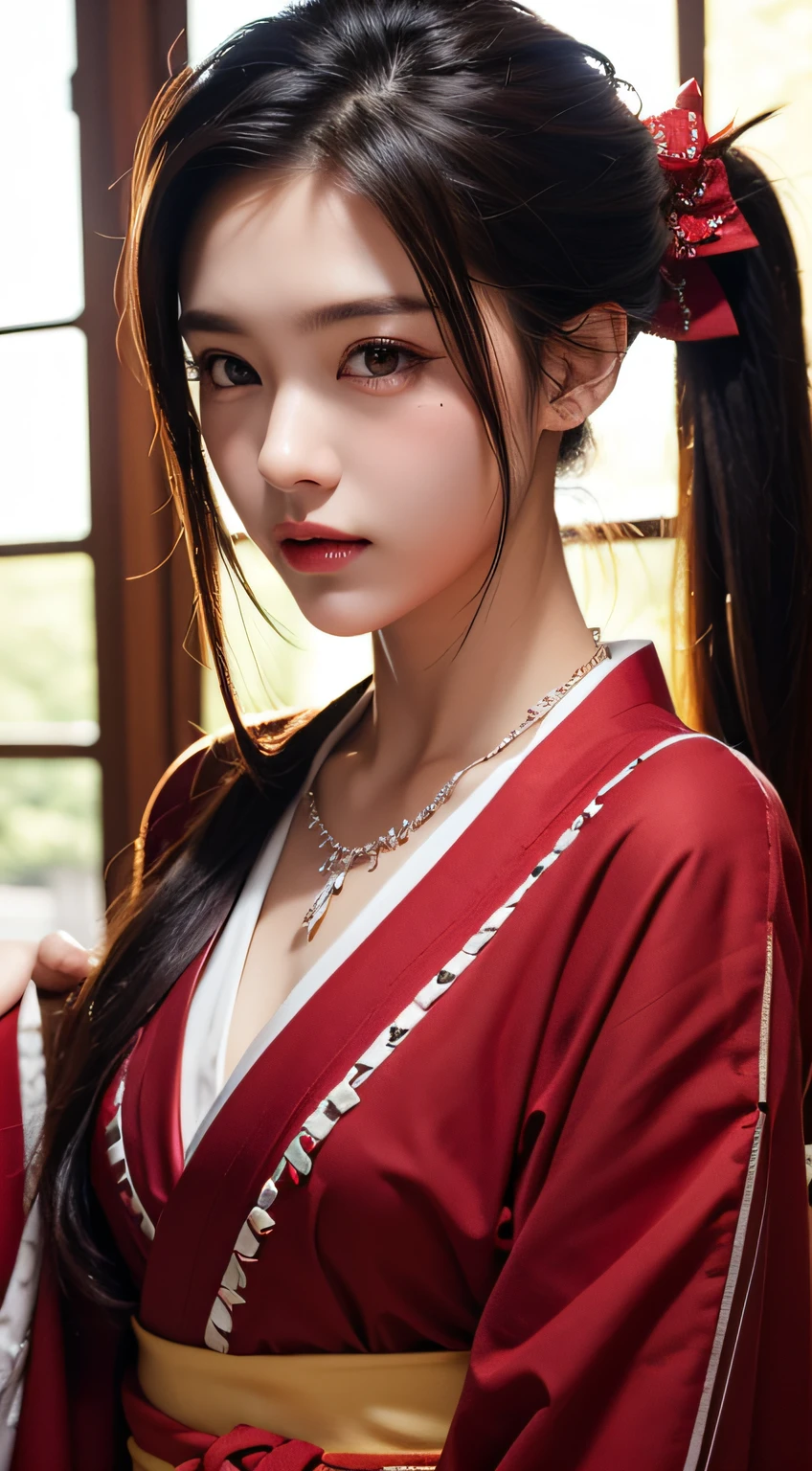 hight resolution, Sharp Focus, Pixiv masterpiece, ((Intricate details)), Highly detailed, file_Seven deer, 1boy, Man's, Striped Beaded Necklace, Black hair, (spiked hair:1.1), Ponytail, Very long hair, Red clothes, Red open clothes, Simple kimono, Hakama