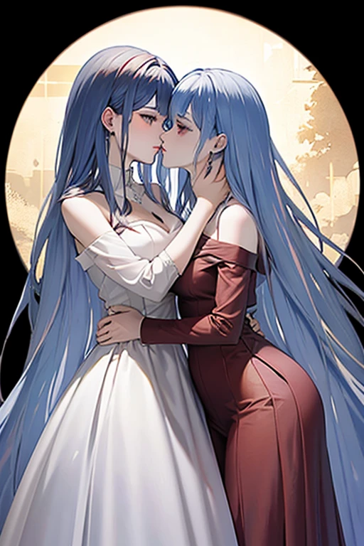 A red haired woman with red eyes in a red ballgown is kissing a black haired woman with brown eyes in a black gown with golden moons